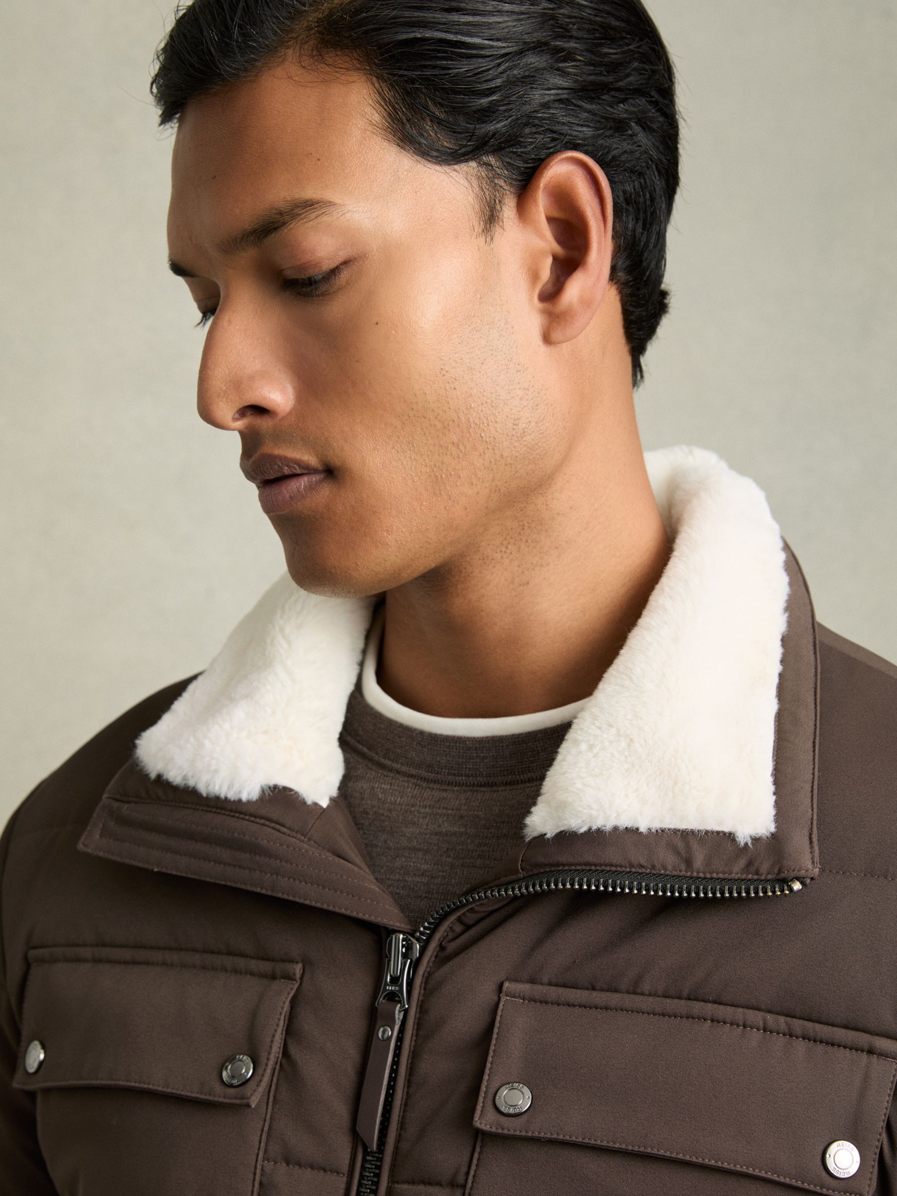 Faux-Fur Collar Puffer Jacket in Brown