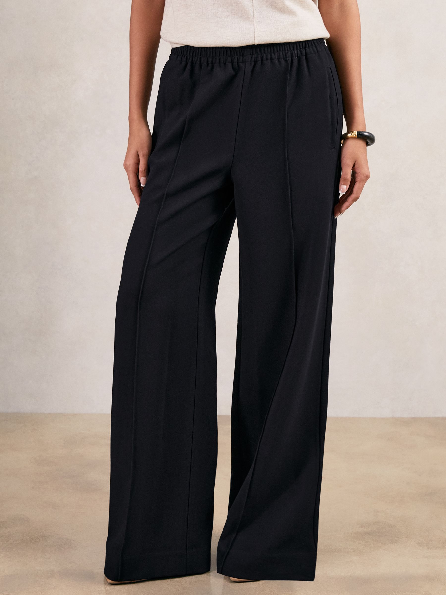 Petite Wide Leg Elasticated Waist Trousers in Navy