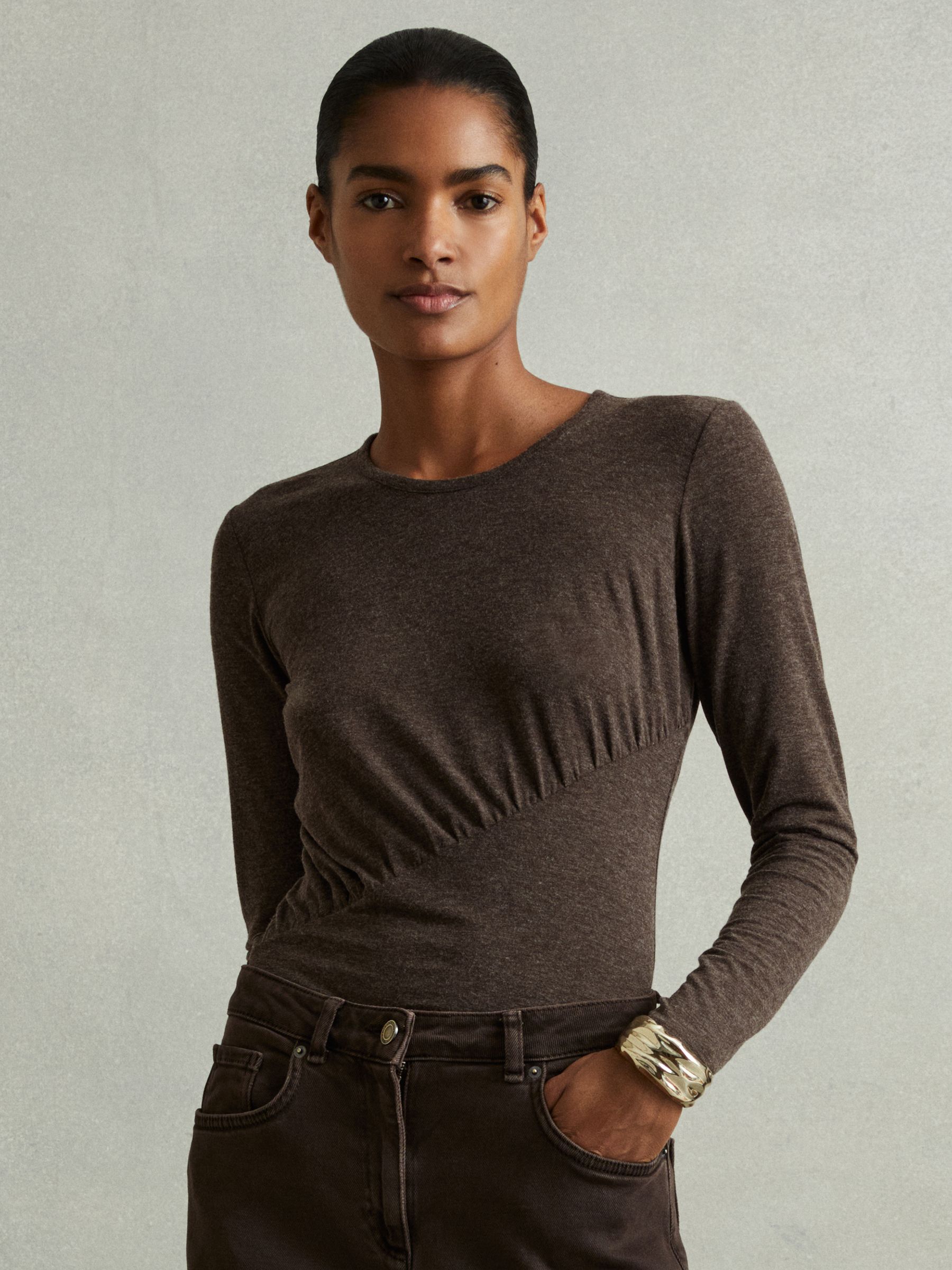 Marled Asymmetric Ruched Top in Chocolate