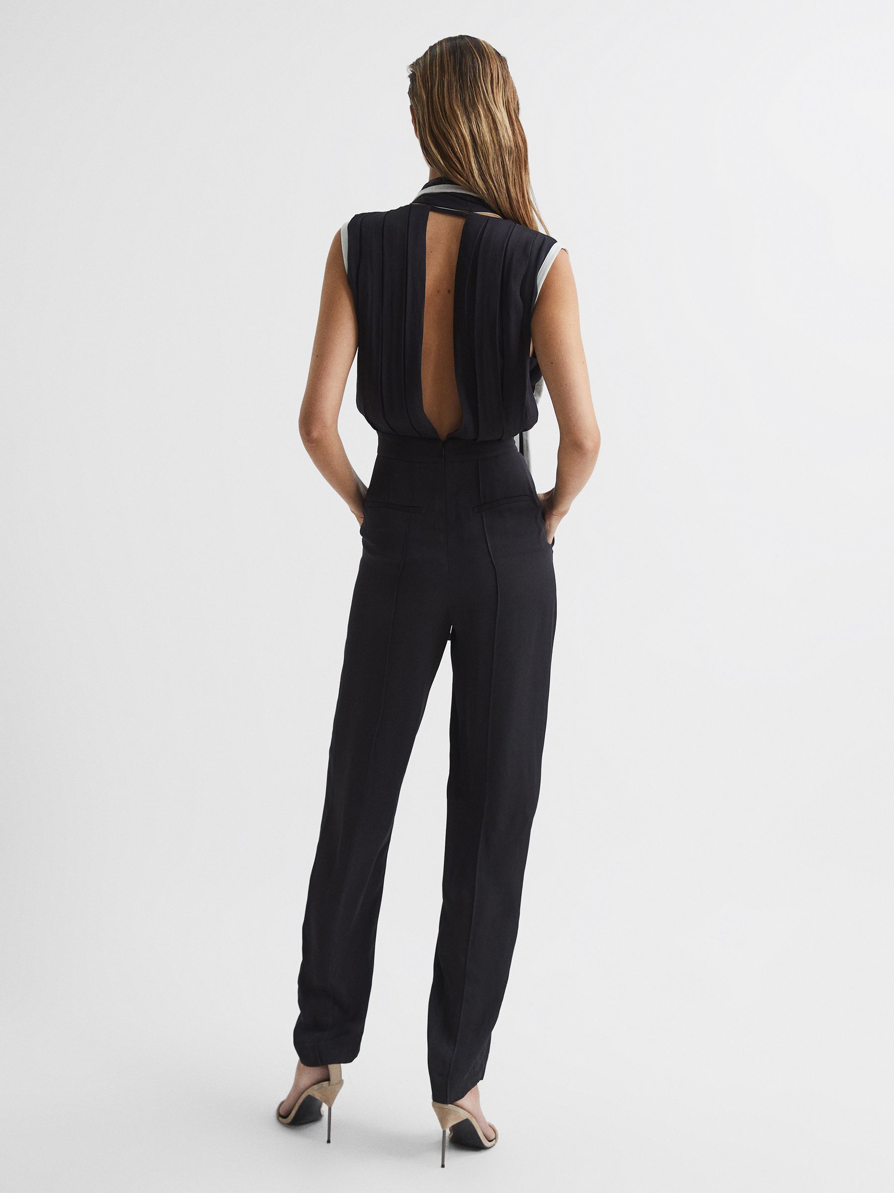 Petite Neck Tie Wide Leg Jumpsuit in Black