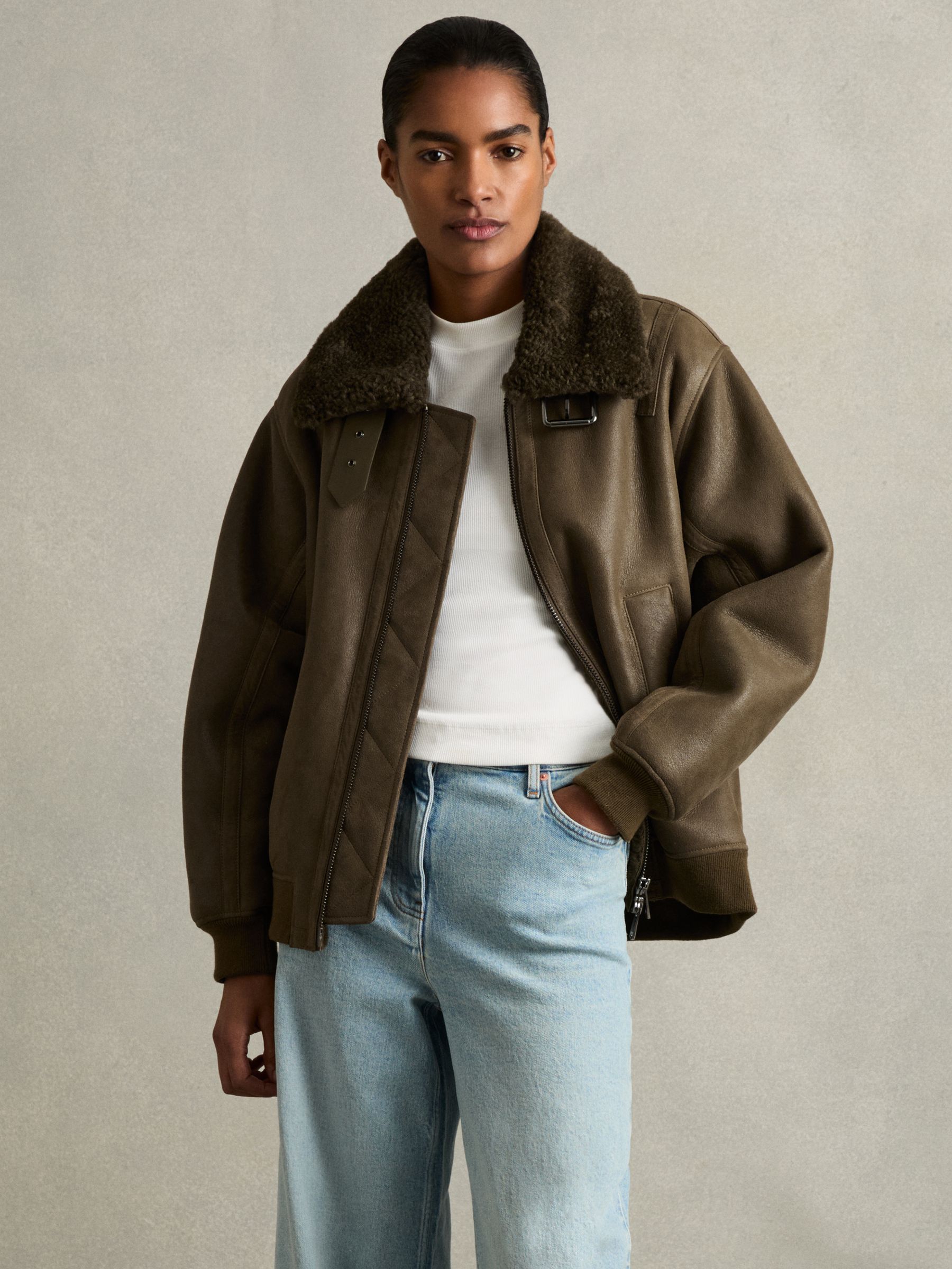 Shearling Aviator Jacket in Dark Khaki