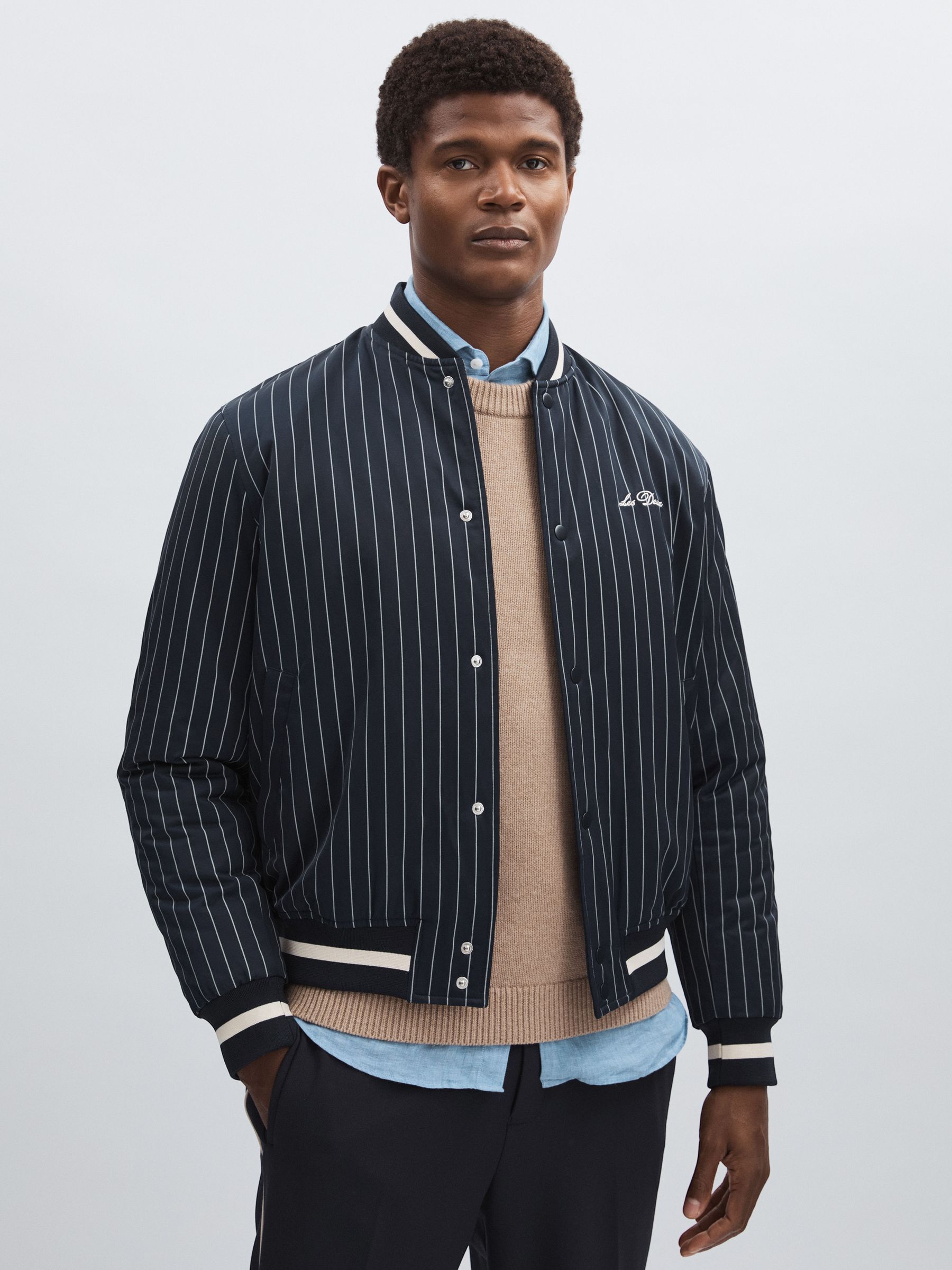 Les Deux Technical Varsity Jacket in Navy Stripe