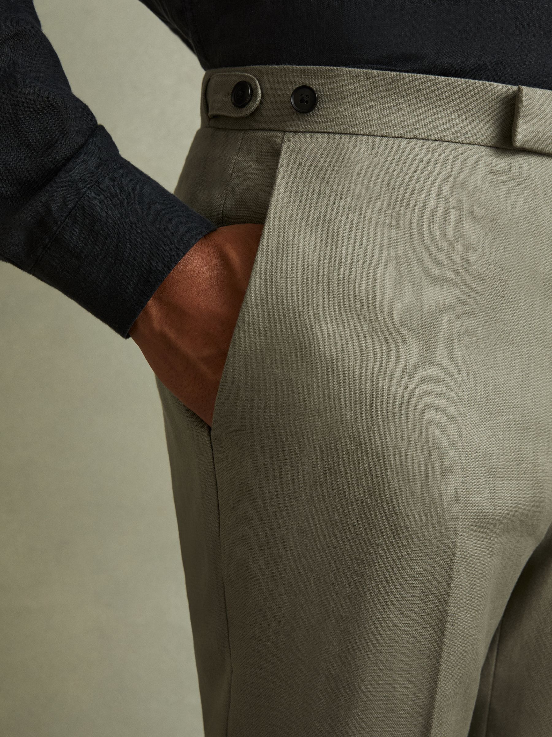 Linen Side Adjuster Trousers in Light Sage Green