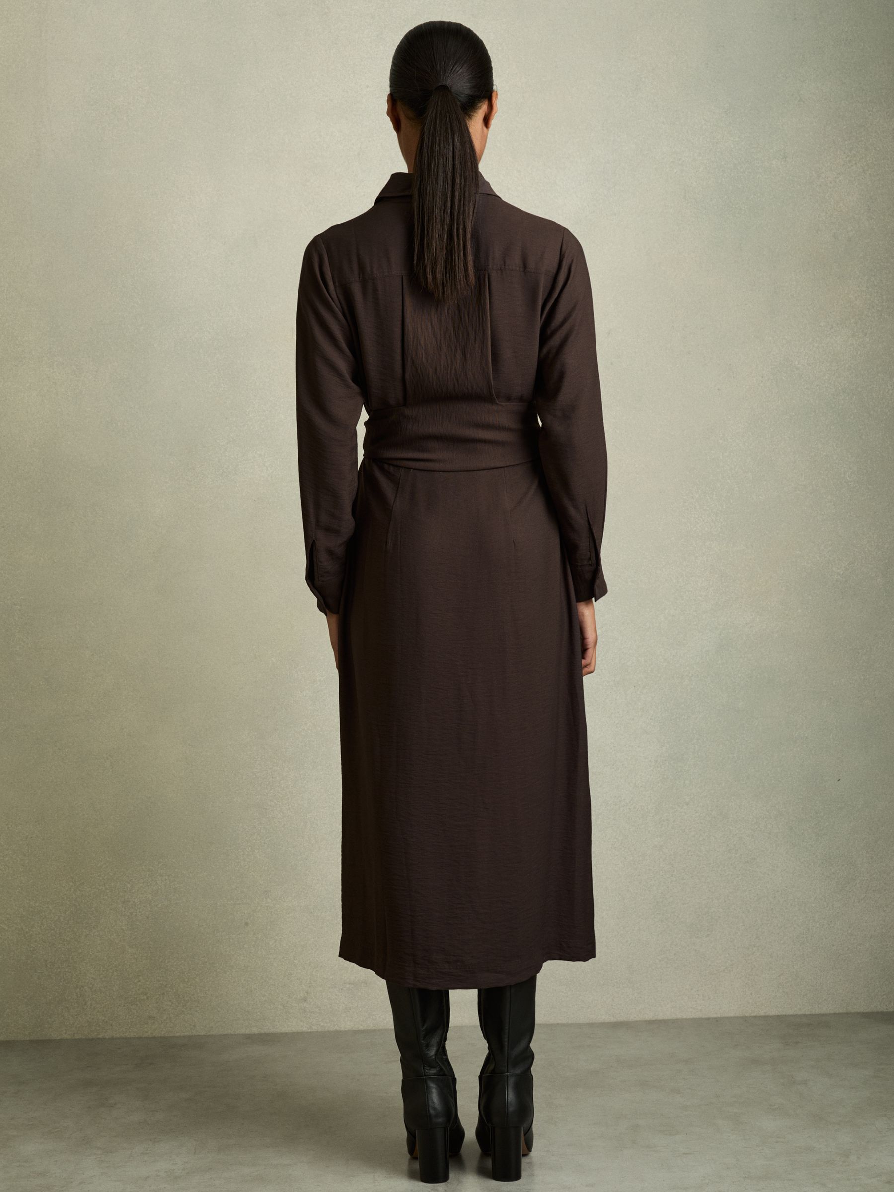 Long-Sleeve Belted Midi Dress in Charcoal