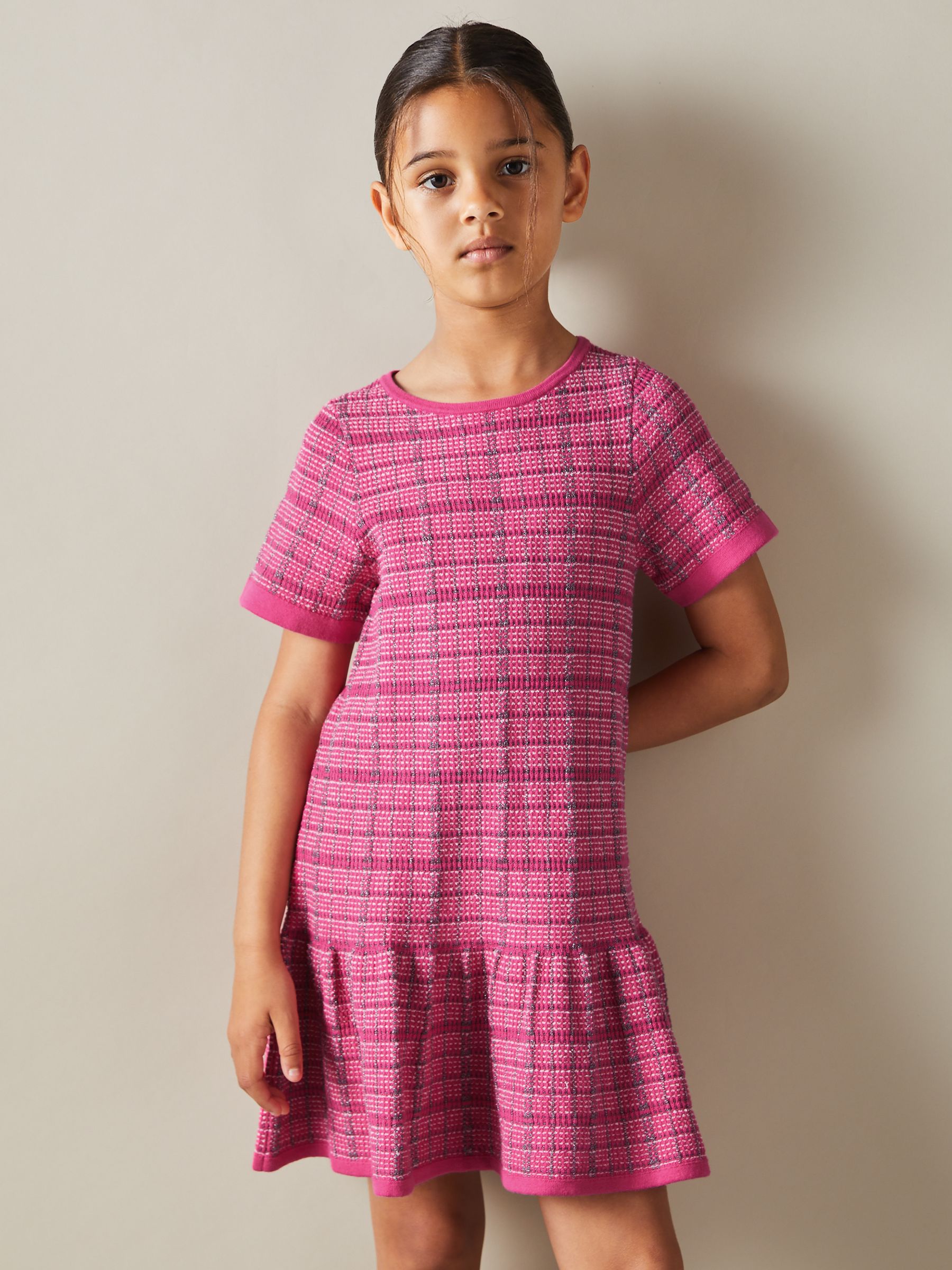 9-13 yrs Cotton Blend Checked Smocked Dress in Pink