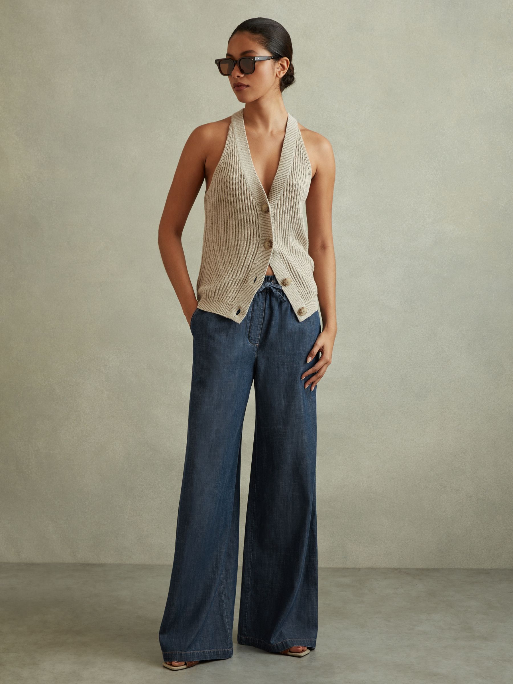 Denim Look Wide Leg Trousers in Mid Blue