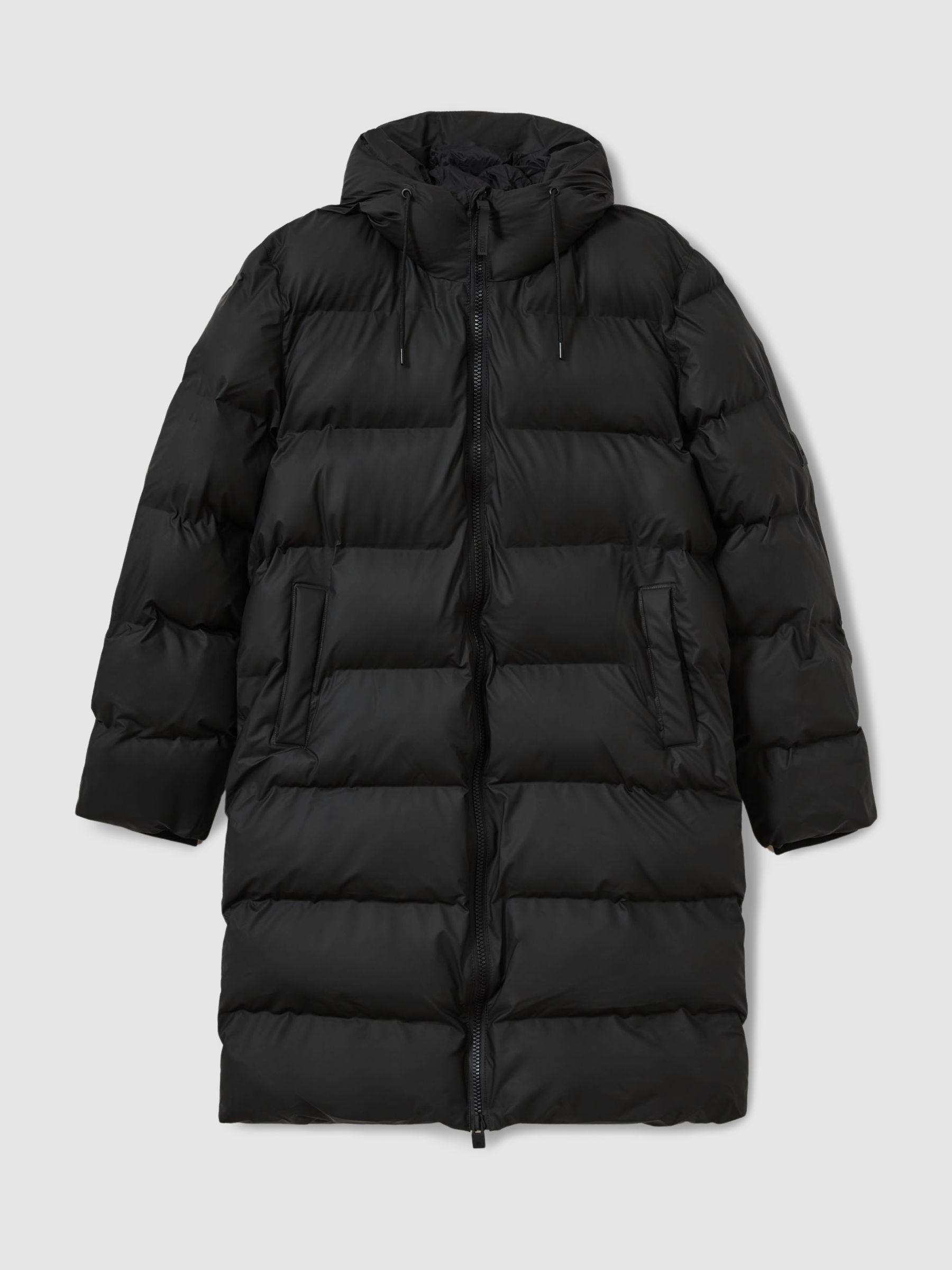 Rains Long Hooded Puffer Jacket in Black