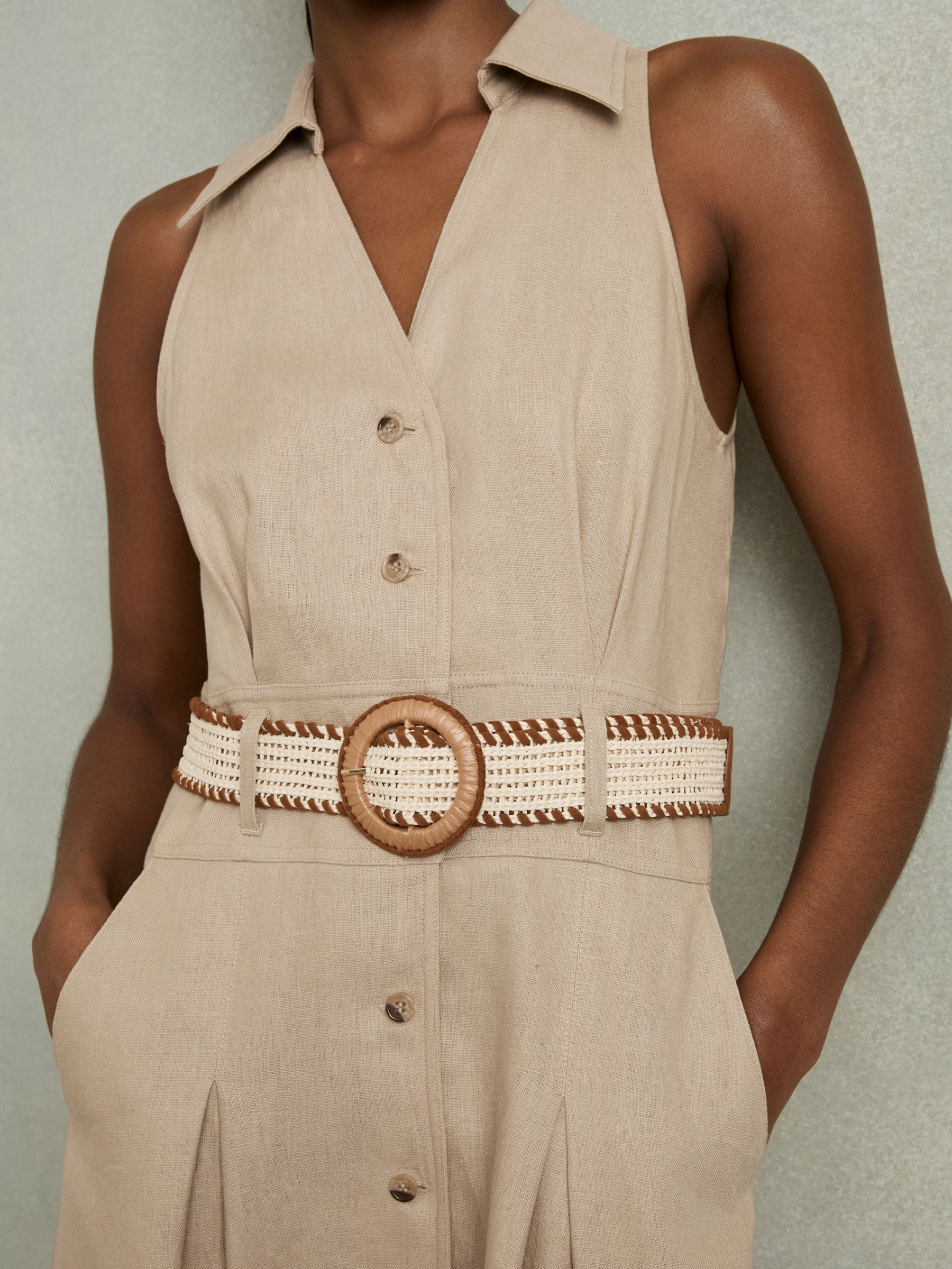 Petite Linen Belted Sleeveless Midi Dress in Neutral