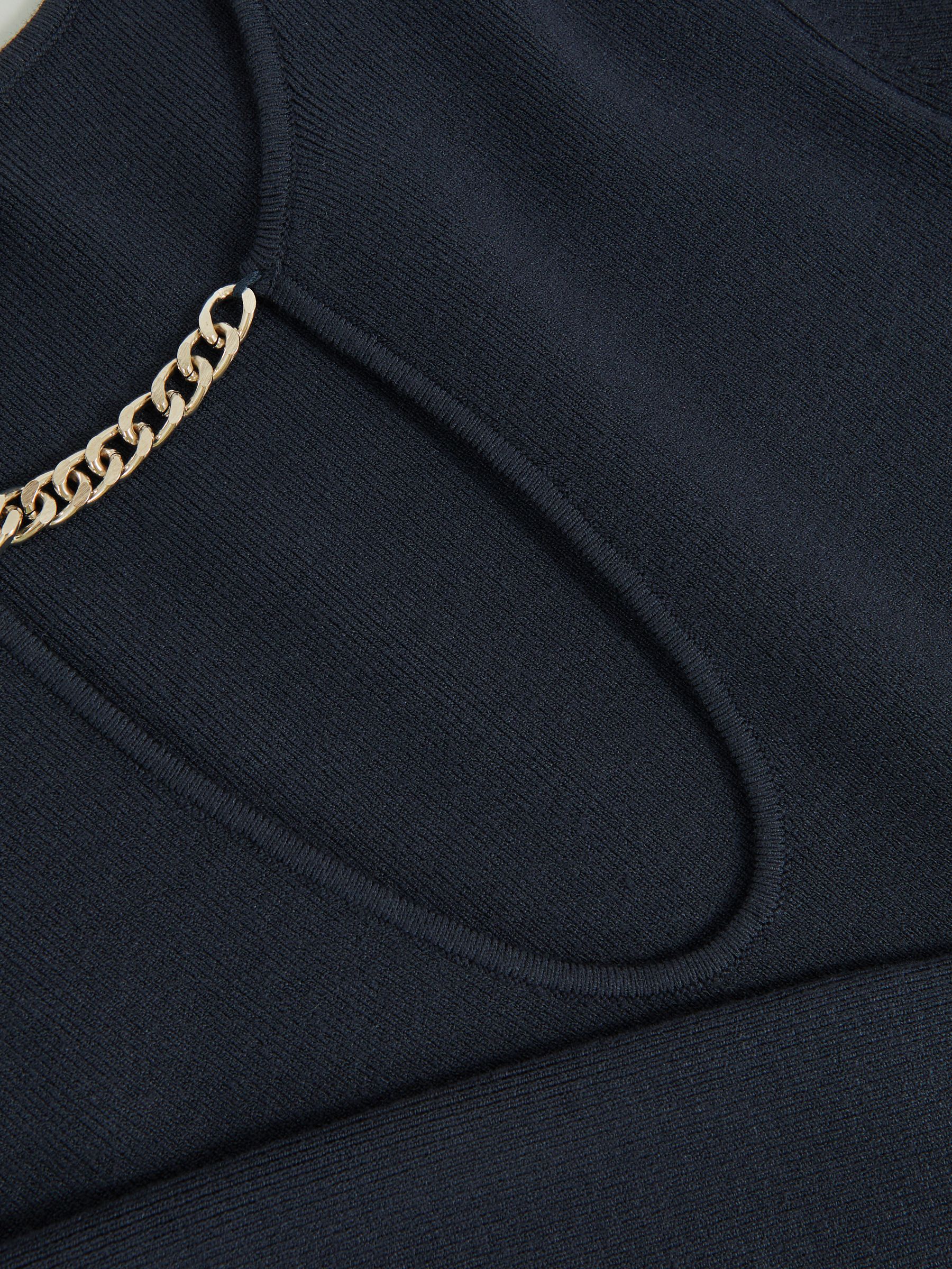 Chain-Detail Keyhole Knit Top in Navy