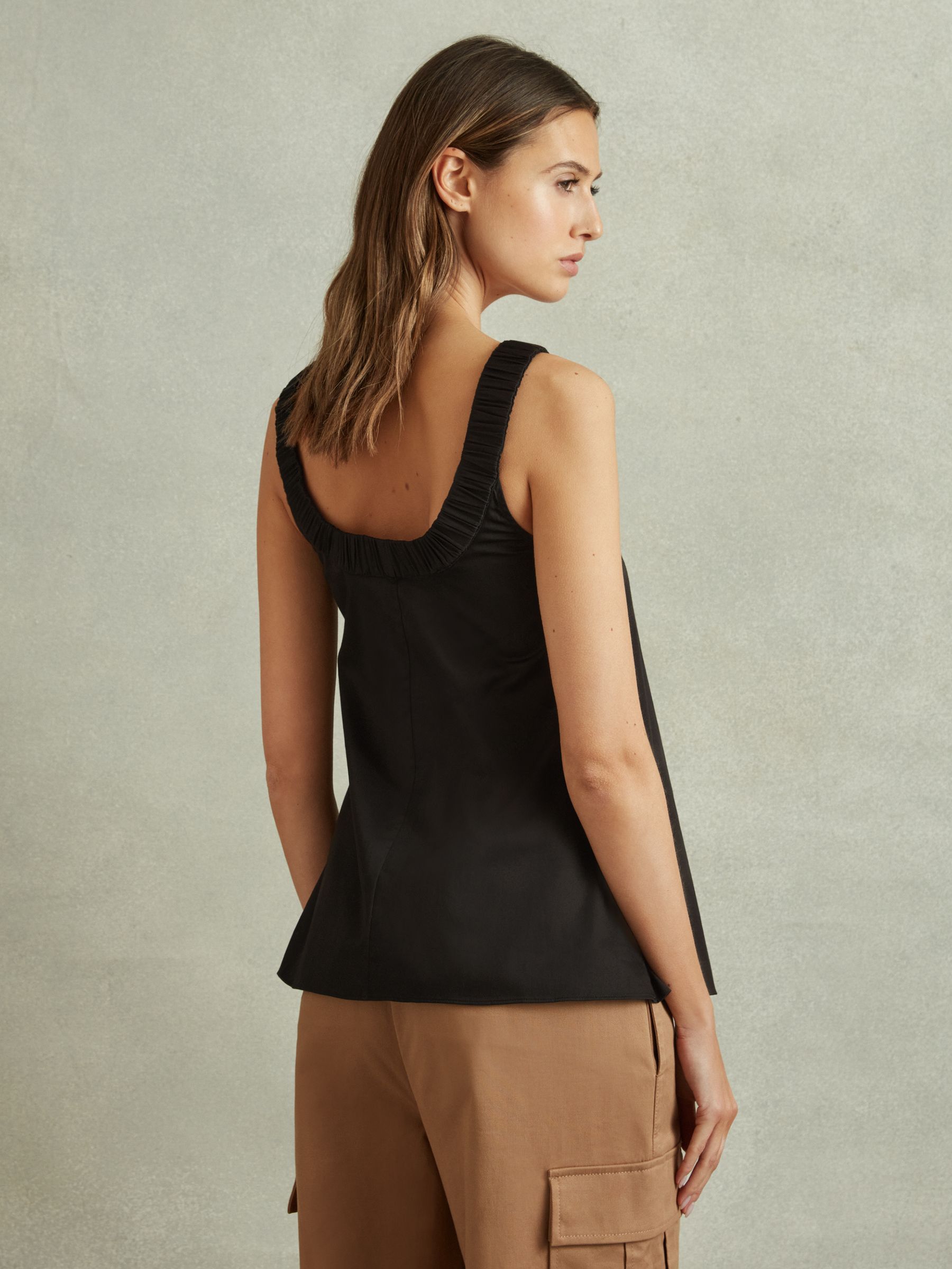 Cotton Ruched Strap Top in Black
