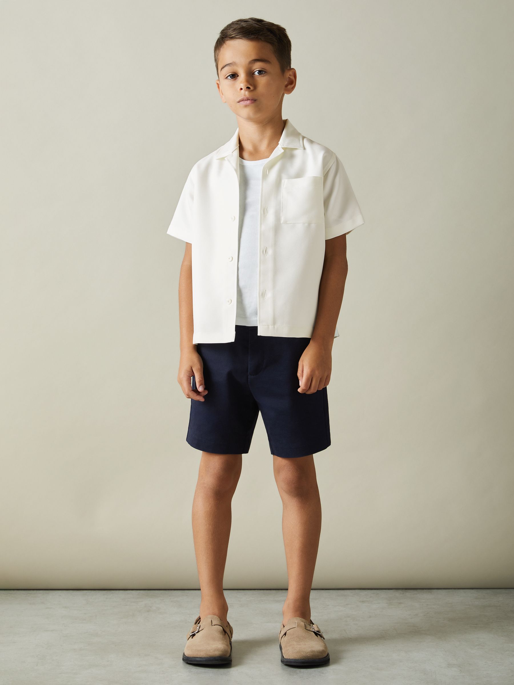 3-9 yrs Twill Cuban Collar Shirt in Off White