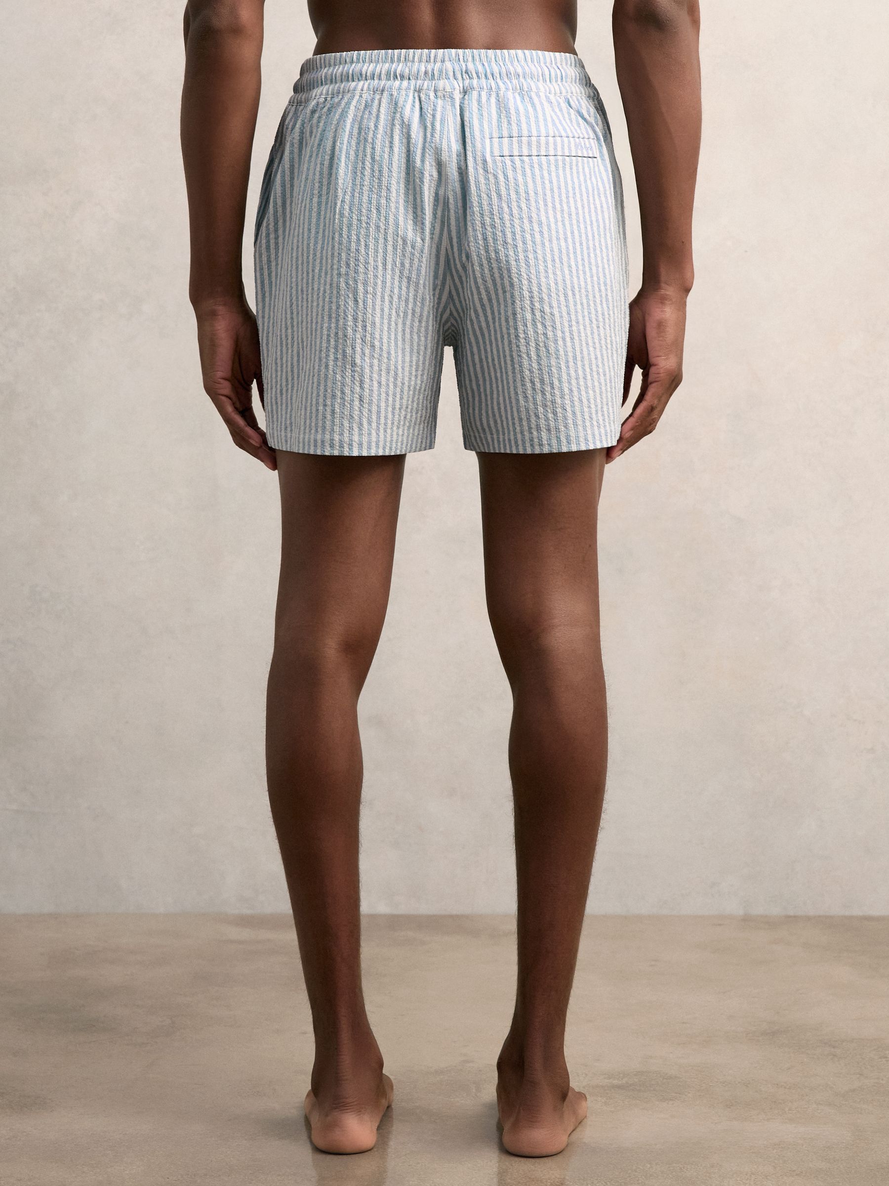 Seersucker Stripe Swim Shorts in Soft Blue/White