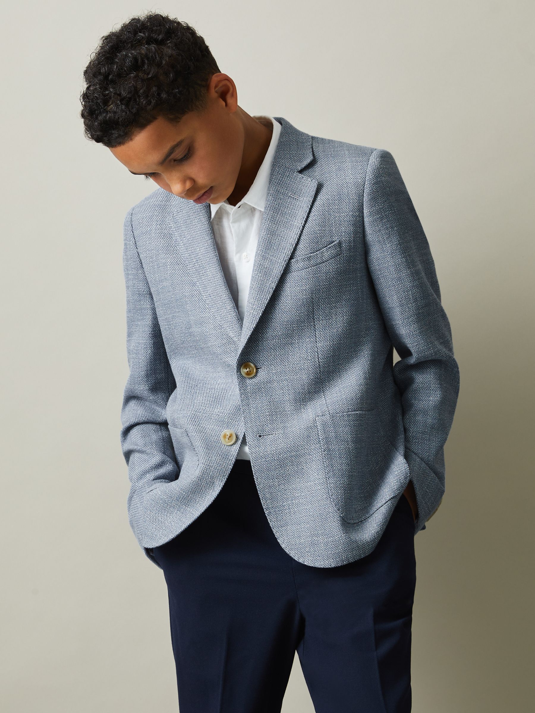 3-9 yrs Slub Check Single Breasted Blazer in Soft Blue