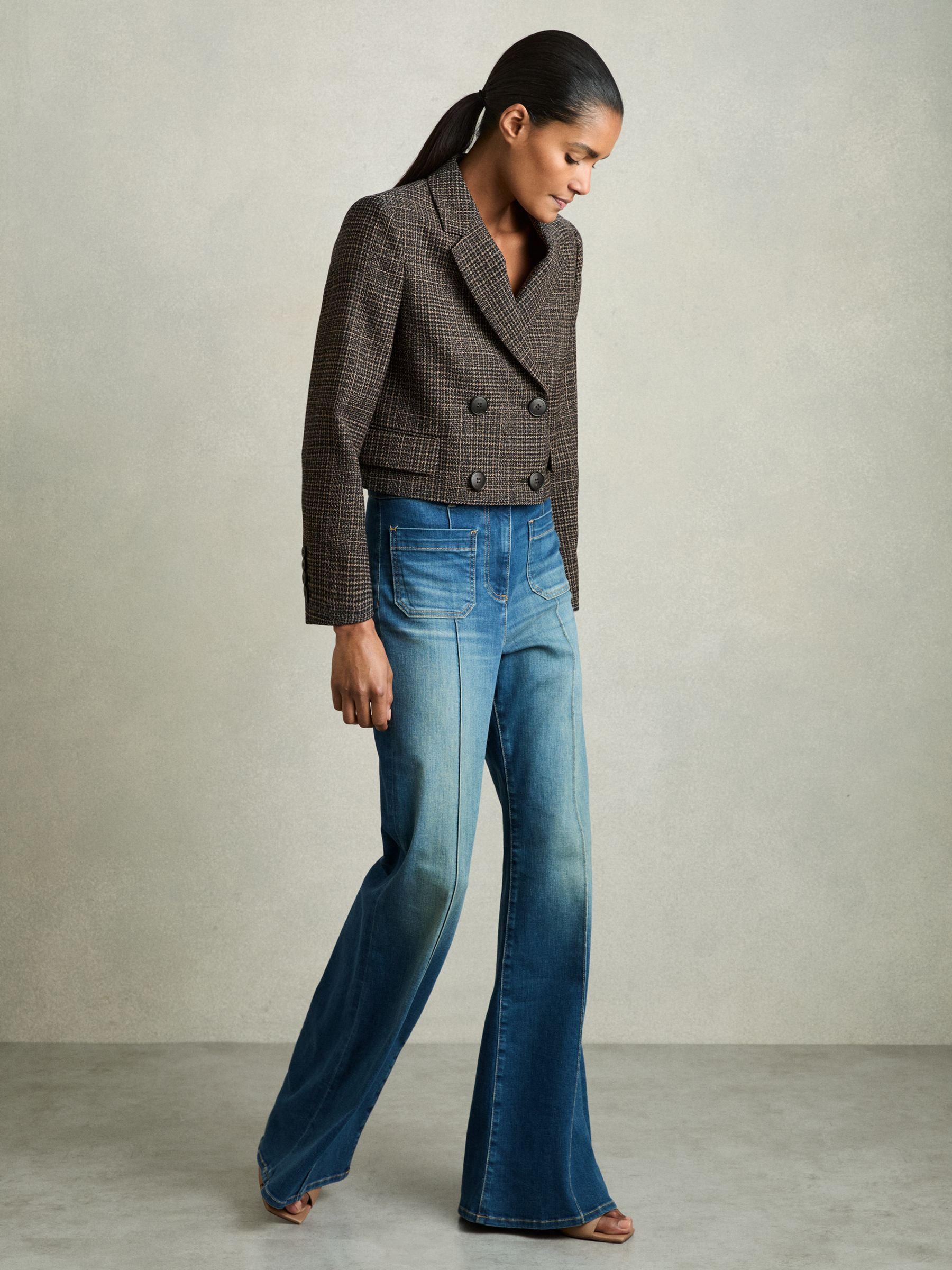 Double-Breasted Tweed Cropped Blazer in Brown Check