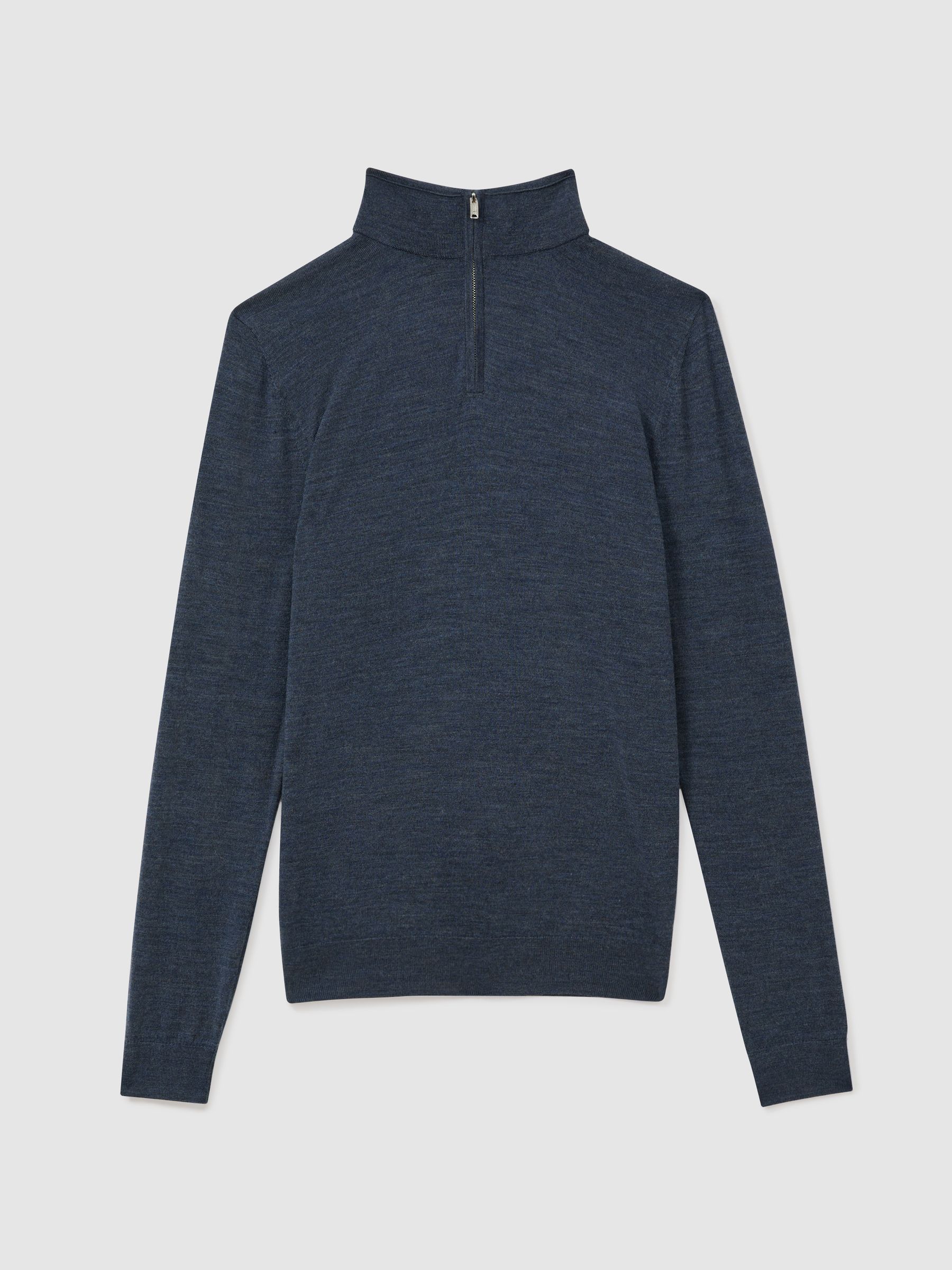 Merino Wool Half-Zip Funnel Neck Jumper in Dark Airforce Blue Melange