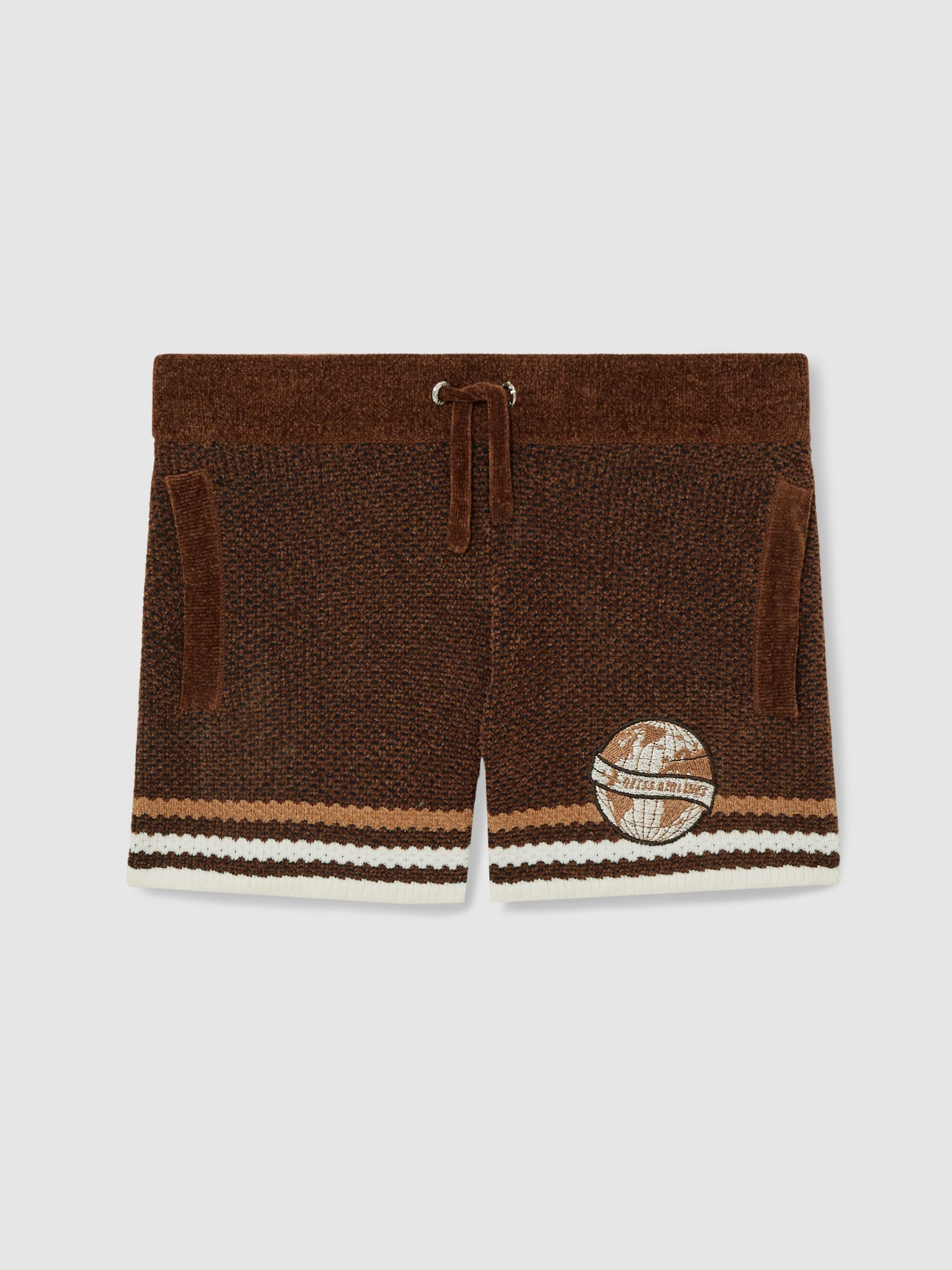 3-9 yrs Chenille Airlines Embroidery Shorts in Brown/Taupe Brown/White