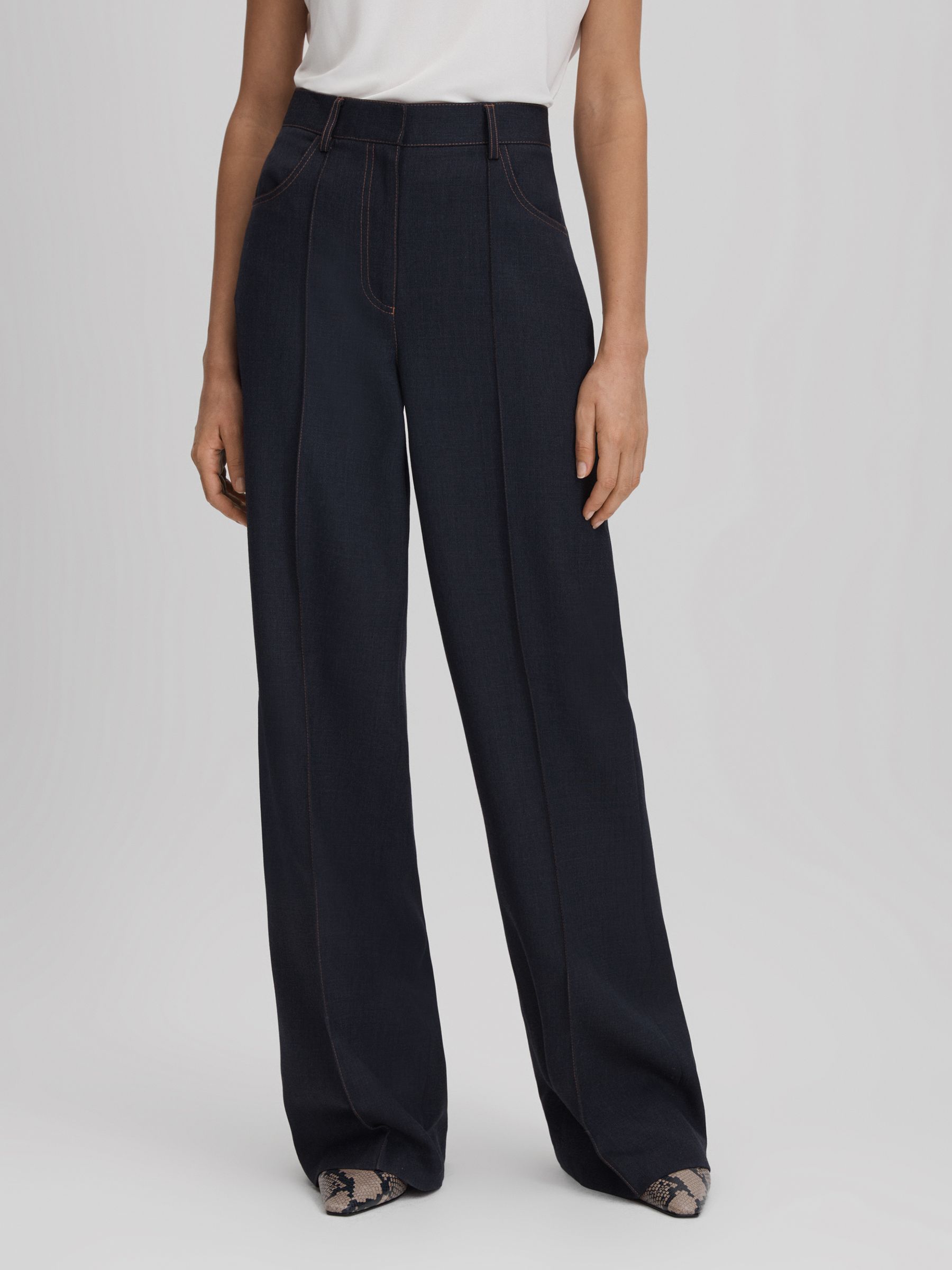Wool Blend Denim Look Suit Trousers in Navy