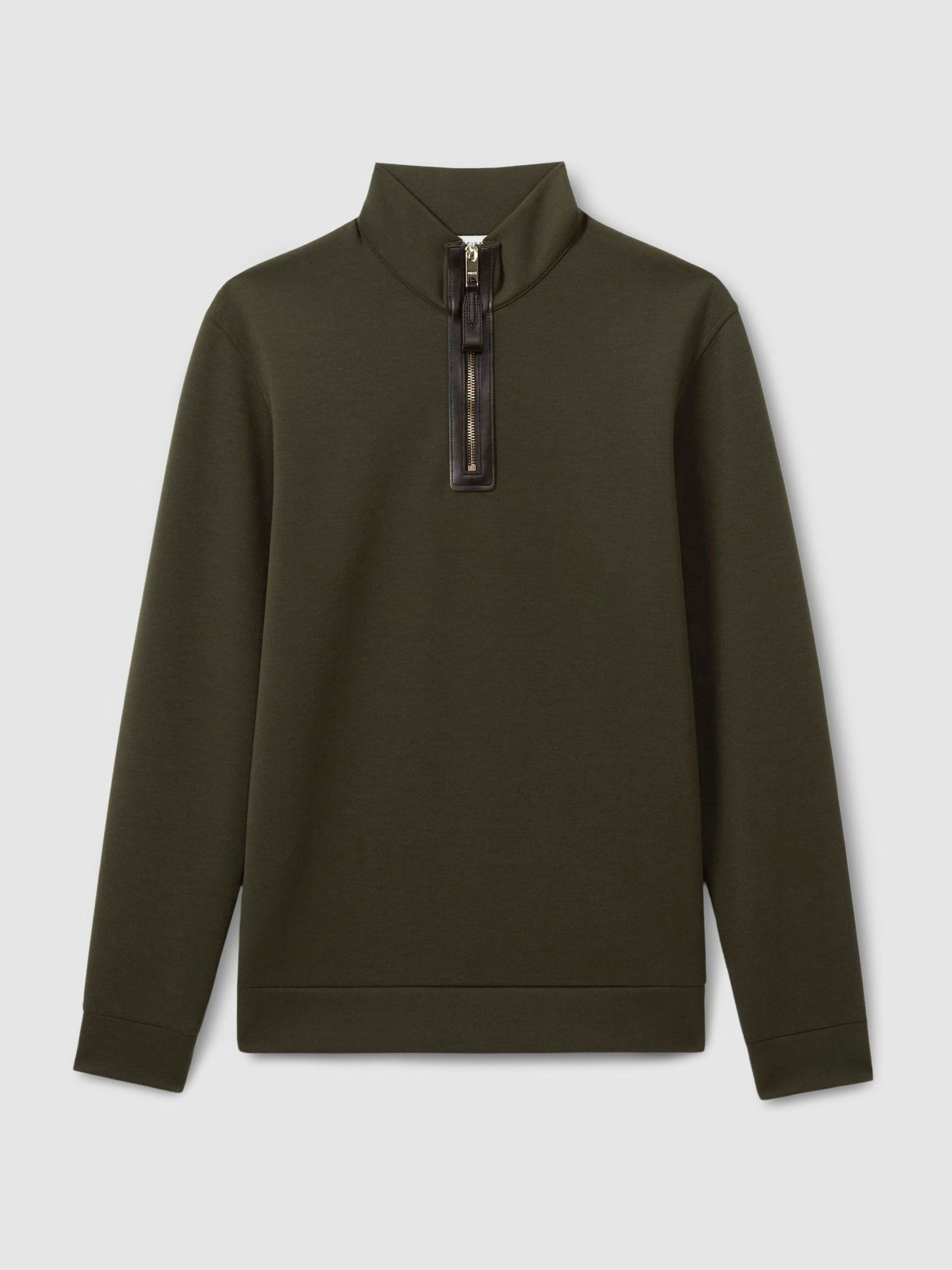 Leather-Placket Interlock-Jersey Sweatshirt in Forest Green