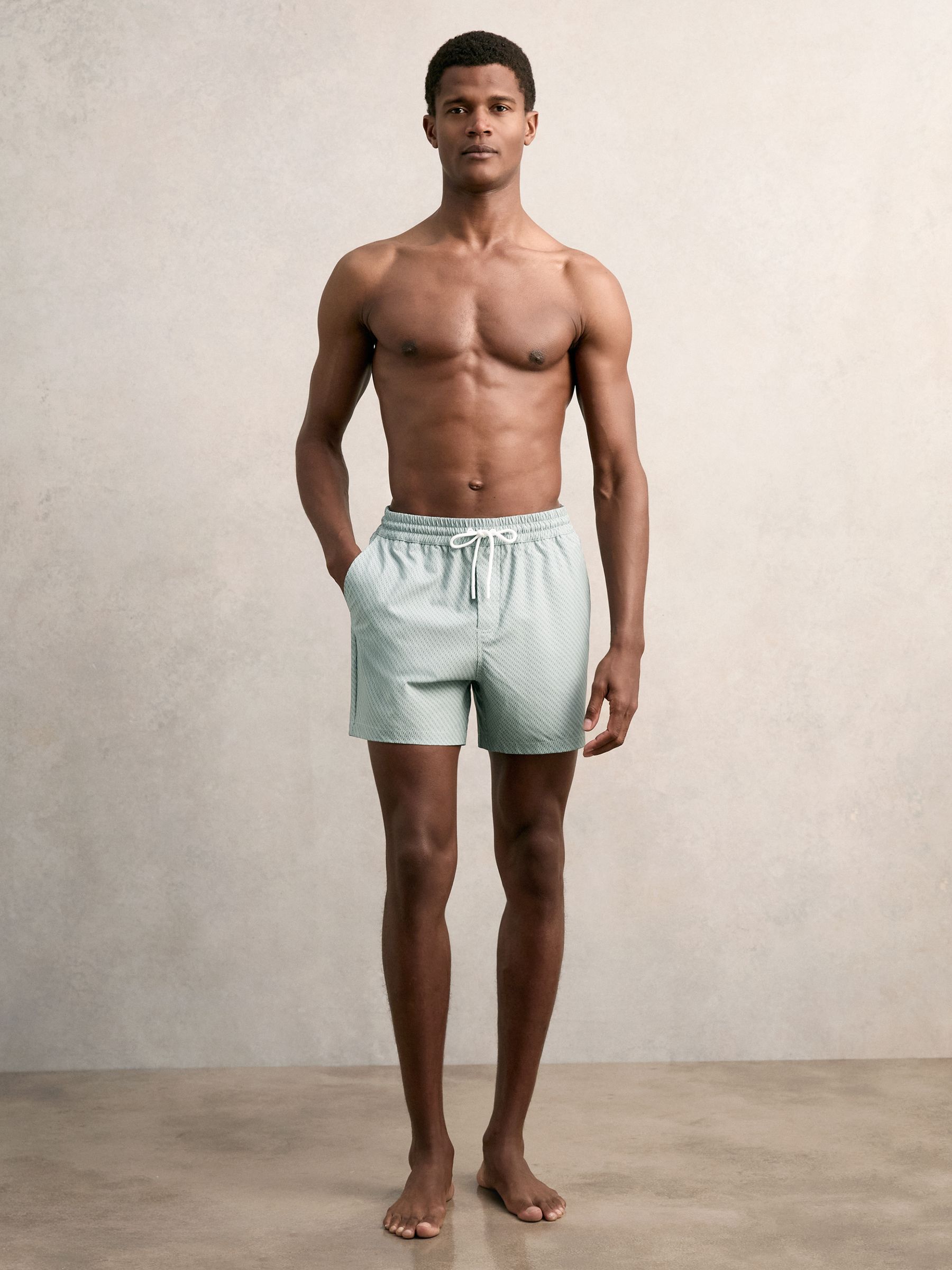 Drawstring Geometric Print Swim Shorts in Pistachio Green