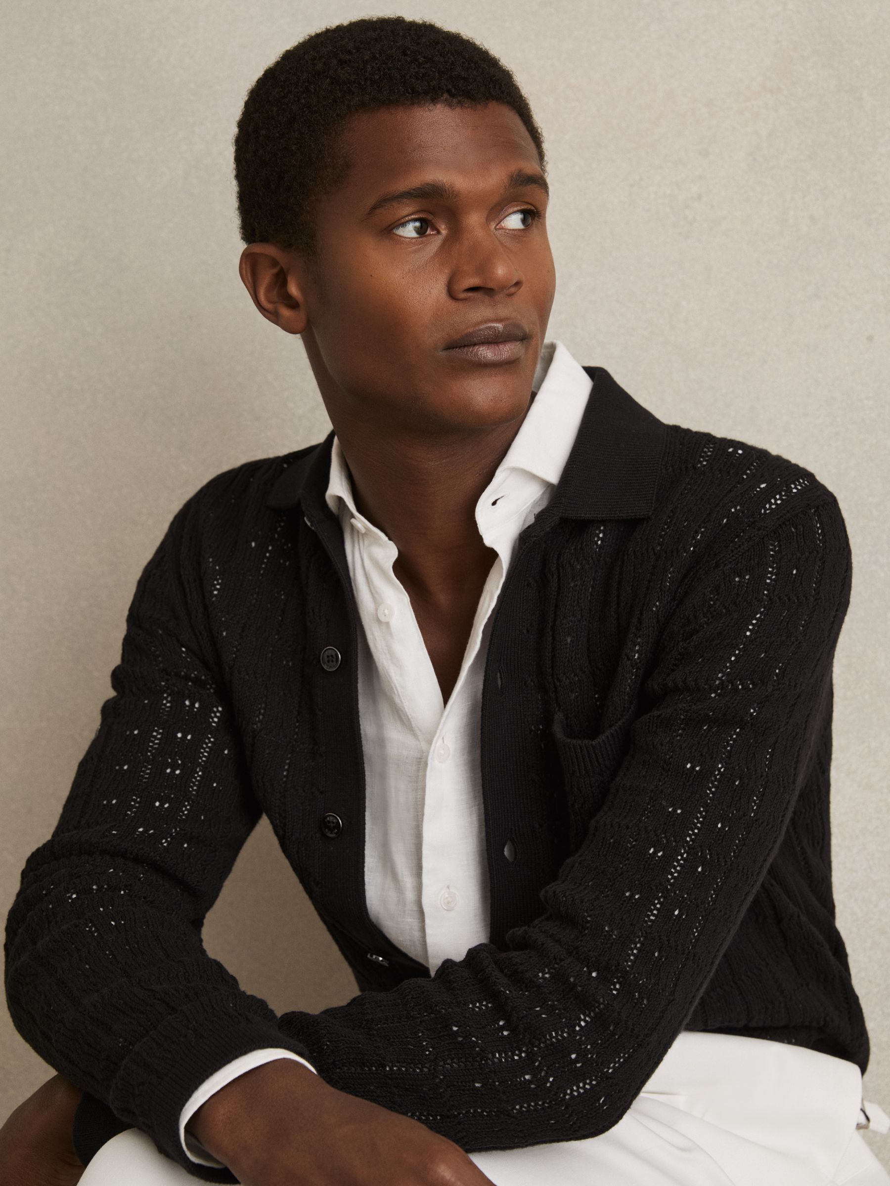 Cotton-Blend Textured Knit Shirt in Black