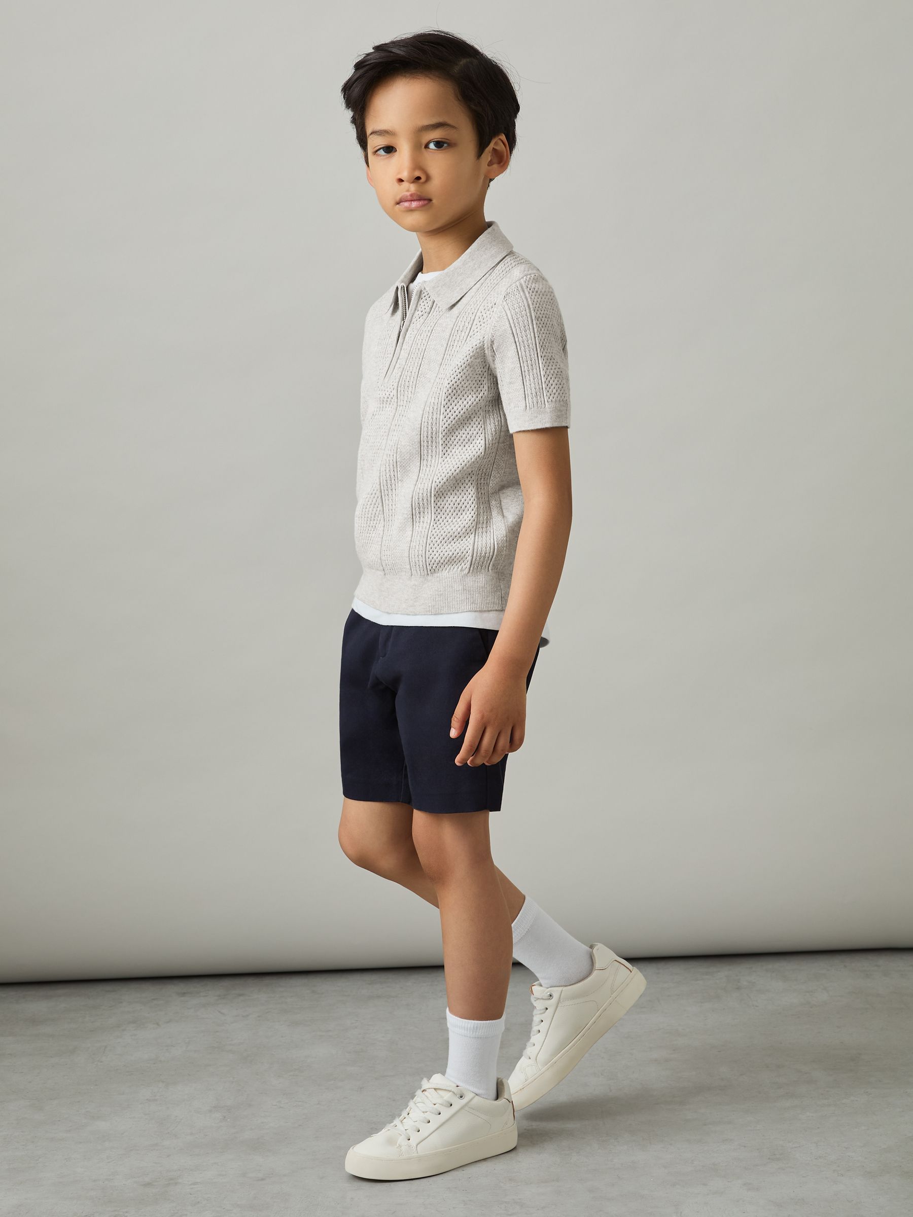 3-9 yrs Textured-Knit Half-Zip Polo Shirt in Grey Melange