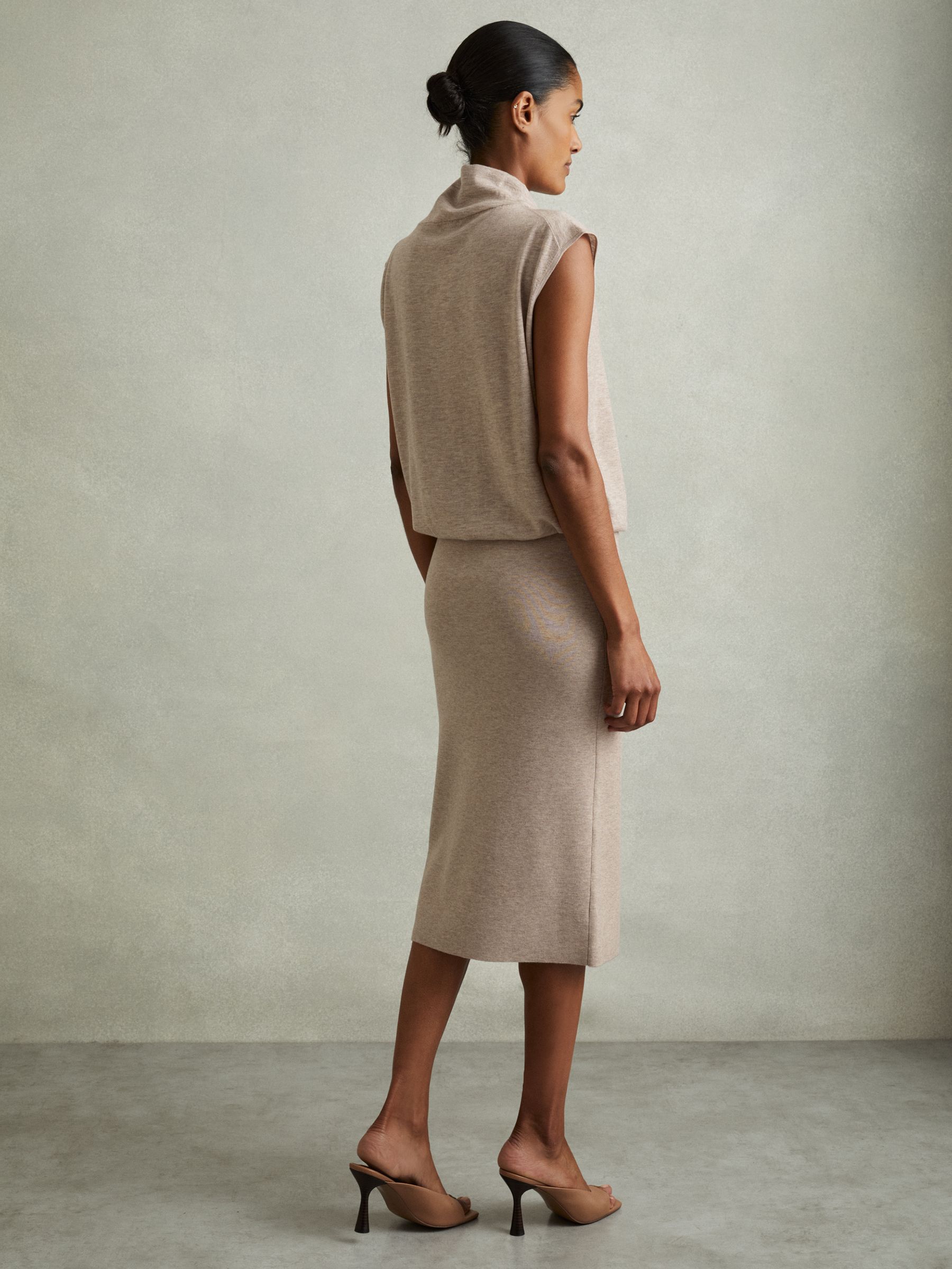Knitted Wool-Cashmere Blouson Top Midi Dress in Neutral