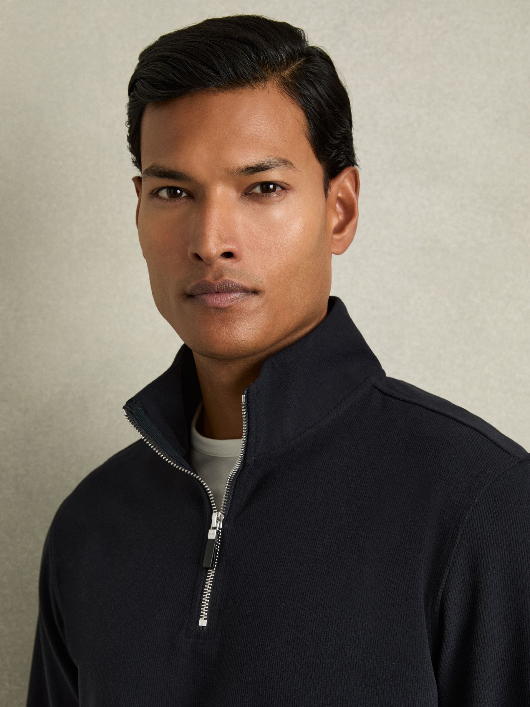 Brushed-Corduroy Half-Zip Jumper in Navy