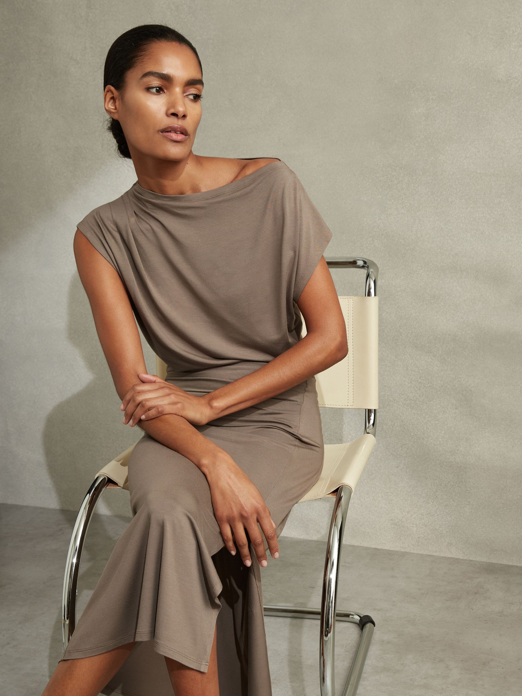 Ruched Jersey Midi Dress in Mocha