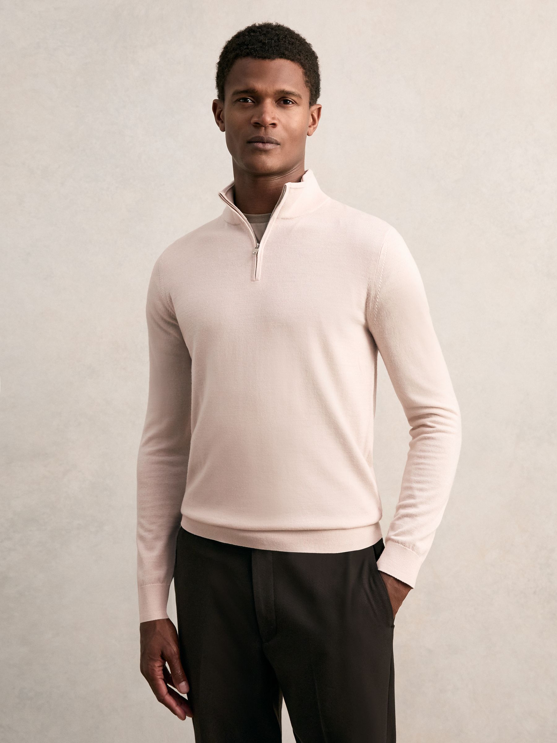 Merino Wool Half-Zip Funnel Neck Jumper in Beige