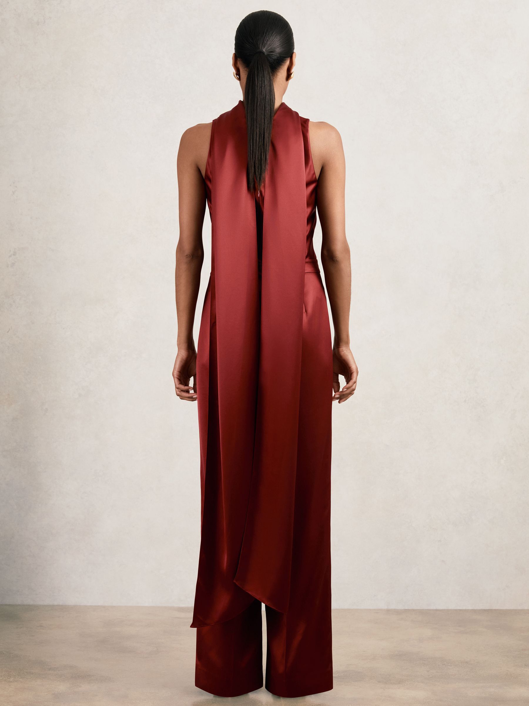 Petite Satin Cape-Sash Jumpsuit in Dark Red