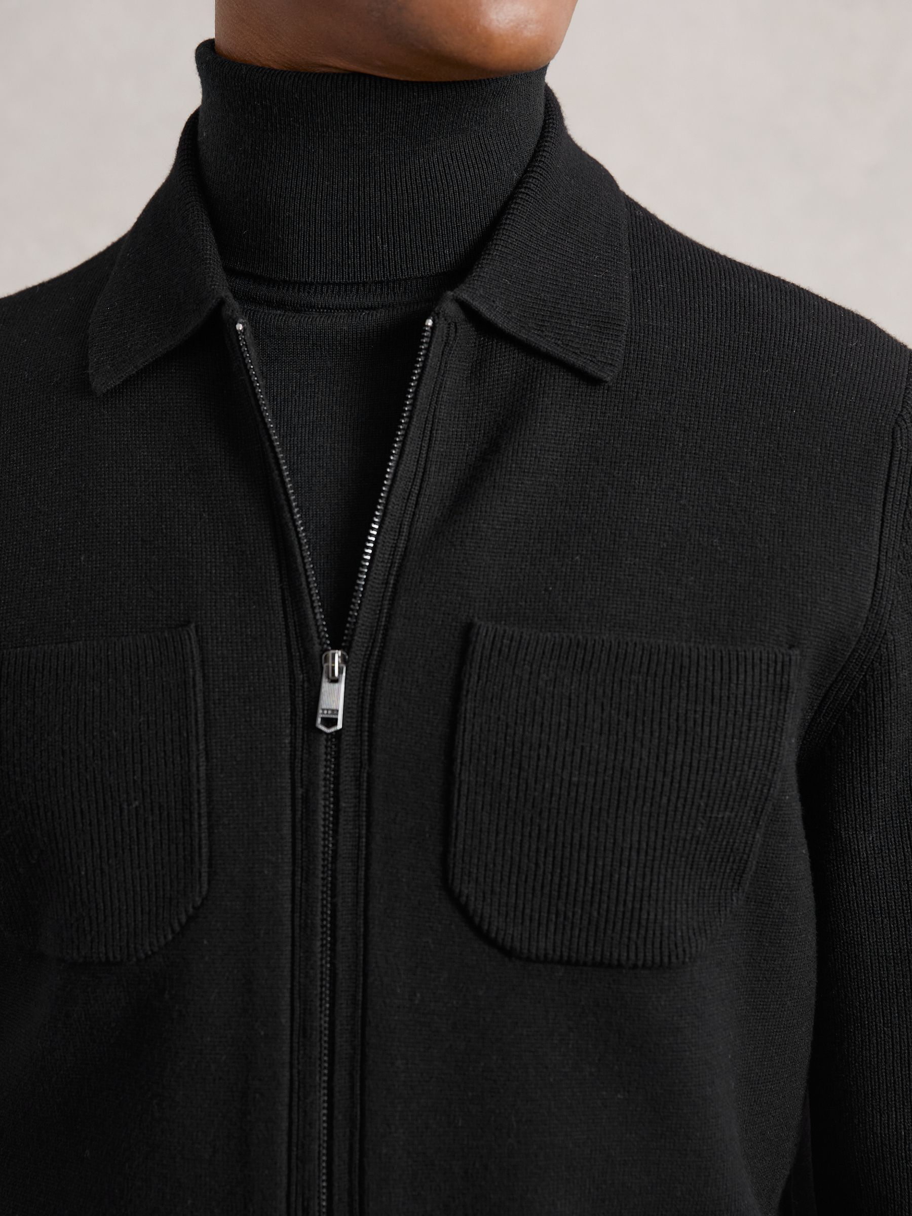 Four-Pocket Zip-Through Cardigan in Black