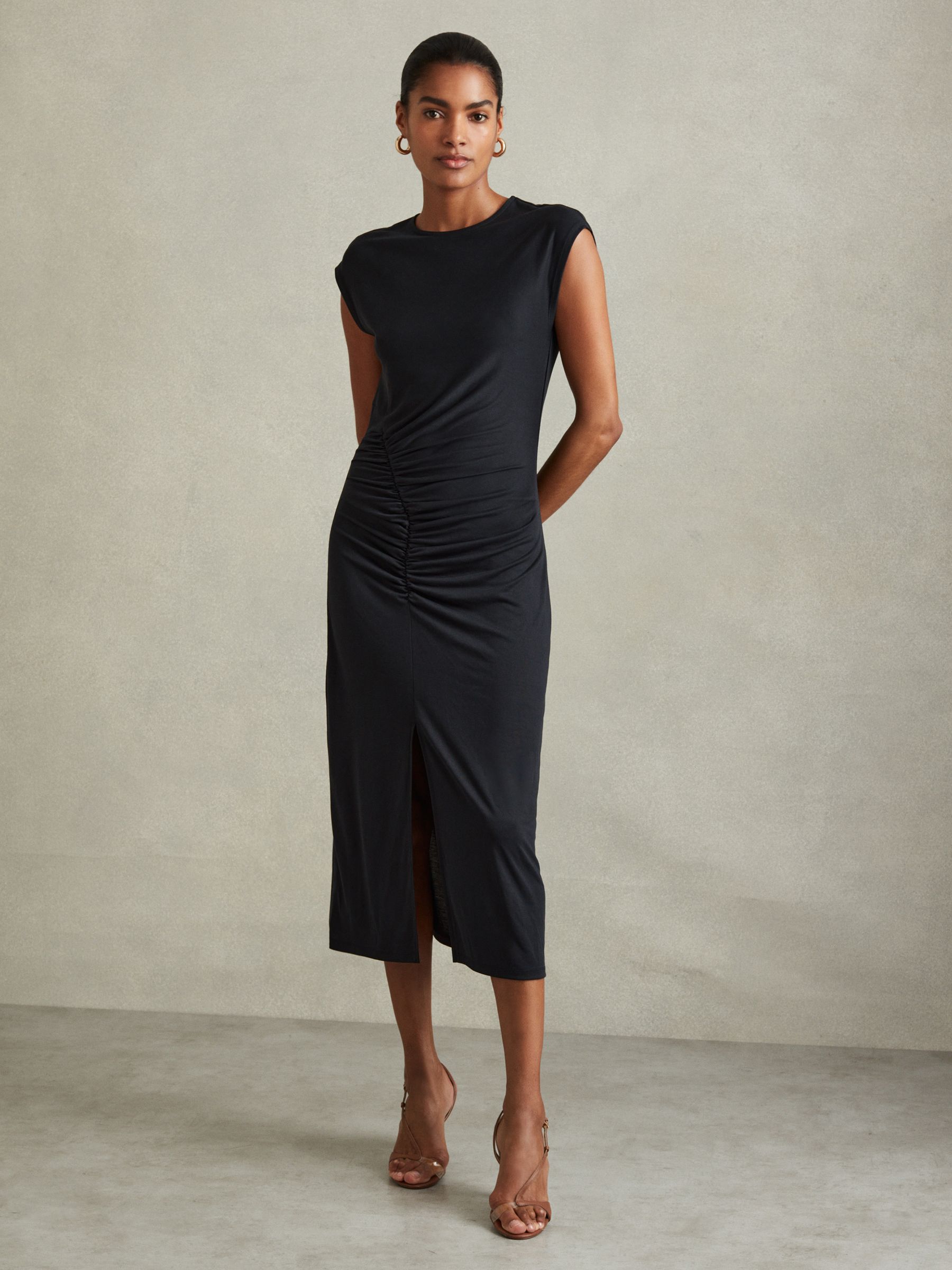 Ruche Front Capped Sleeve Jersey Midi Dress in Charcoal