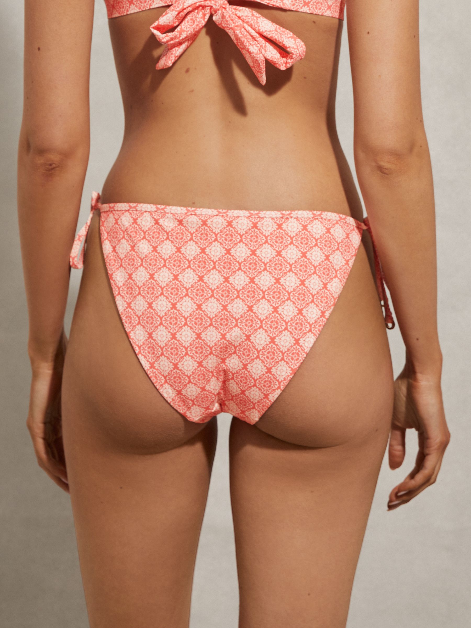 Printed Side Tie Bikini Bottoms in Cream/Coral