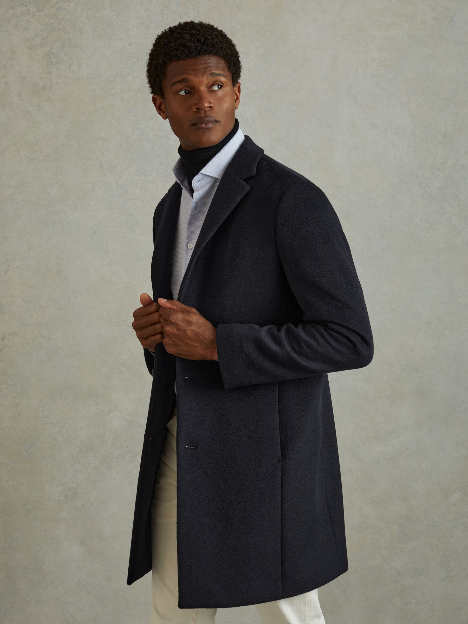 Wool Blend Single Breasted Epsom Overcoat in Navy