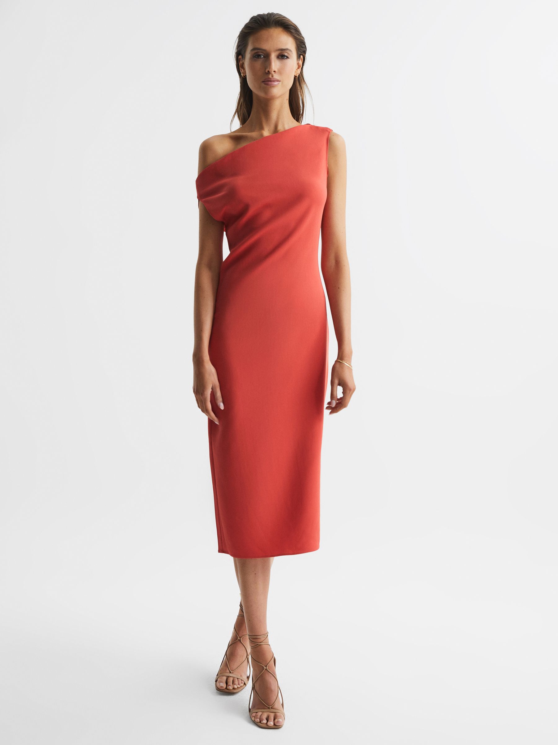 Off-Shoulder Bodycon Midi Dress in Coral