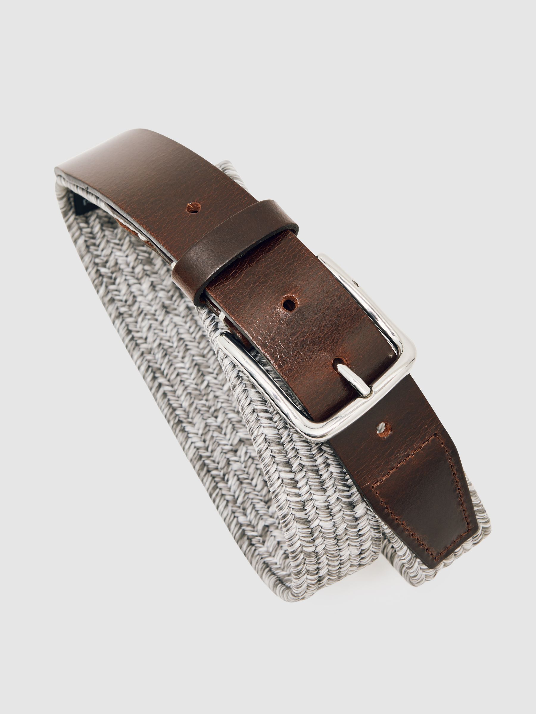 Webbing Belt With Leather Trim in Soft Grey