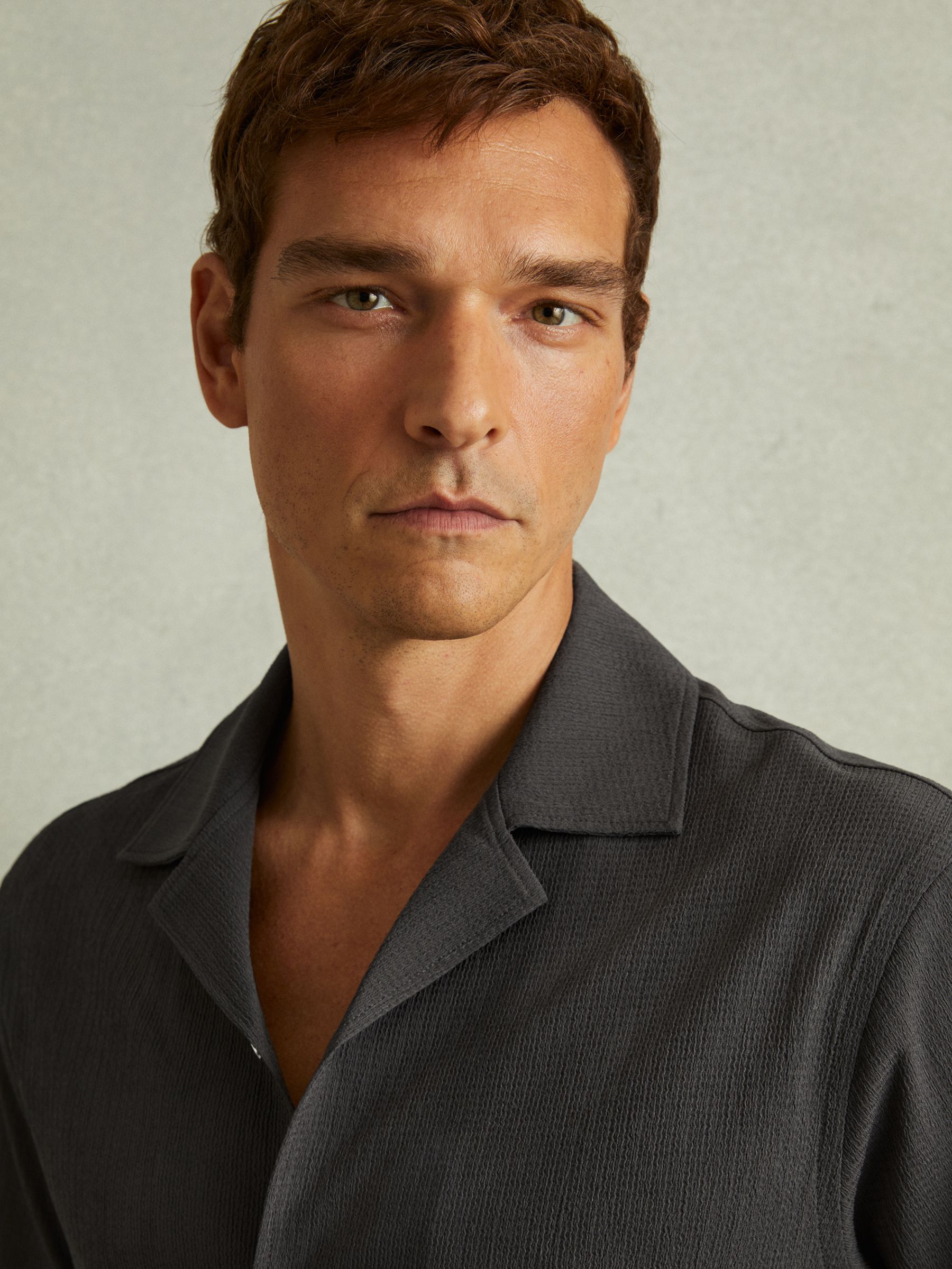Textured Crepe Cuban Collar Shirt in Steel Grey