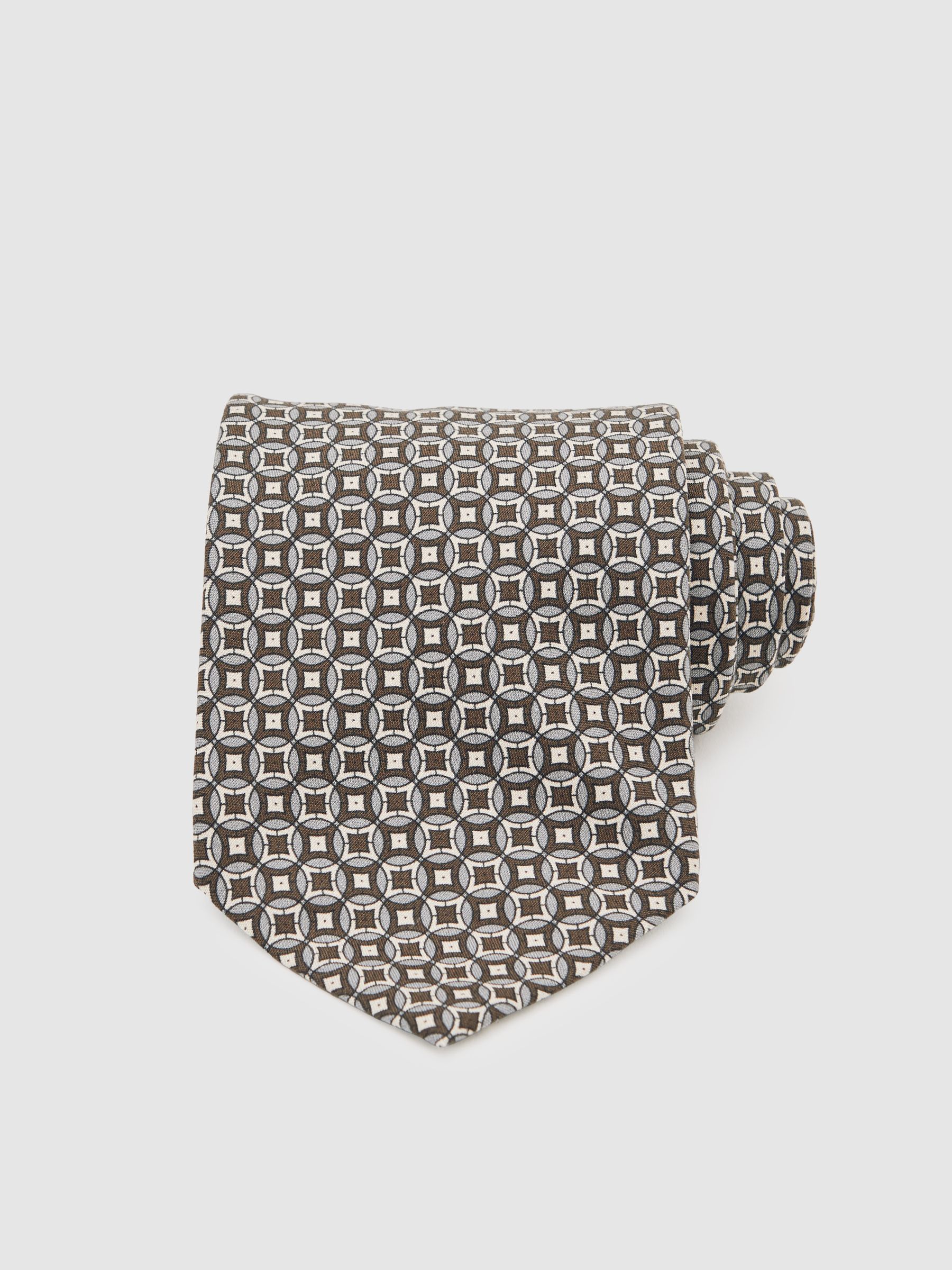 Silk Geometric-Print Tie in Chocolate Brown Multi
