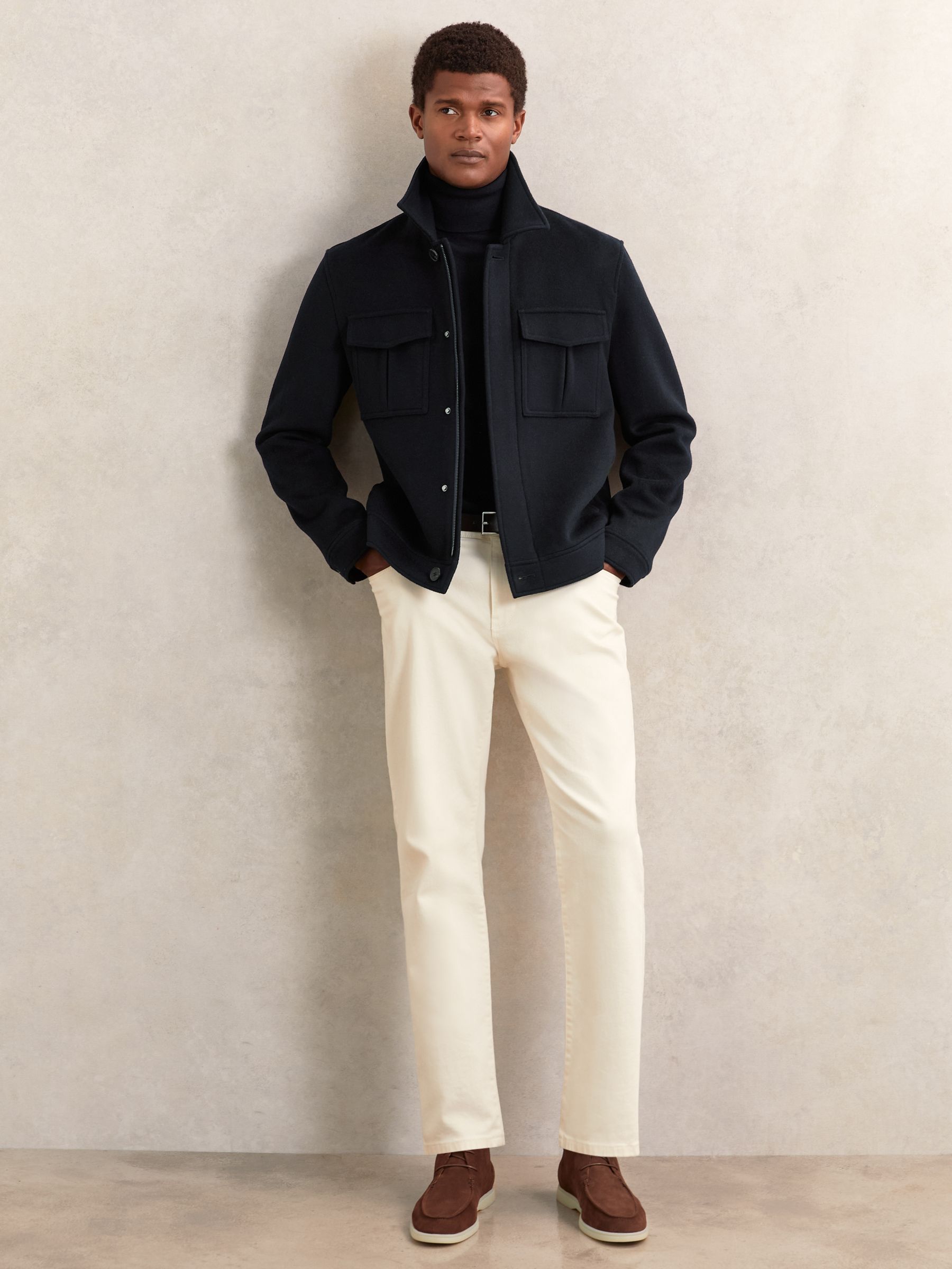 Wool Blend Twin Pocket Zipped Jacket in Navy