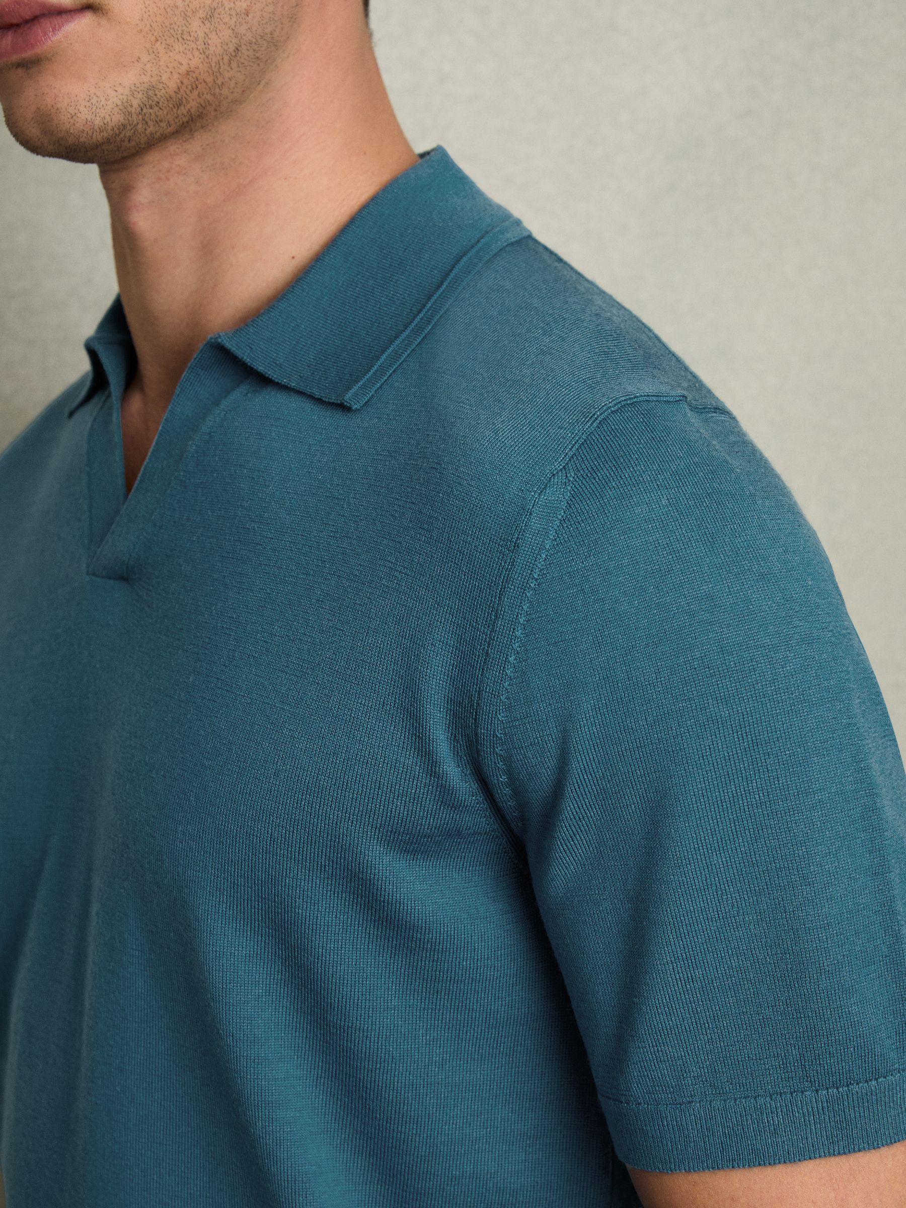 Merino Wool Open Collar Polo Shirt in Deep Teal Blue