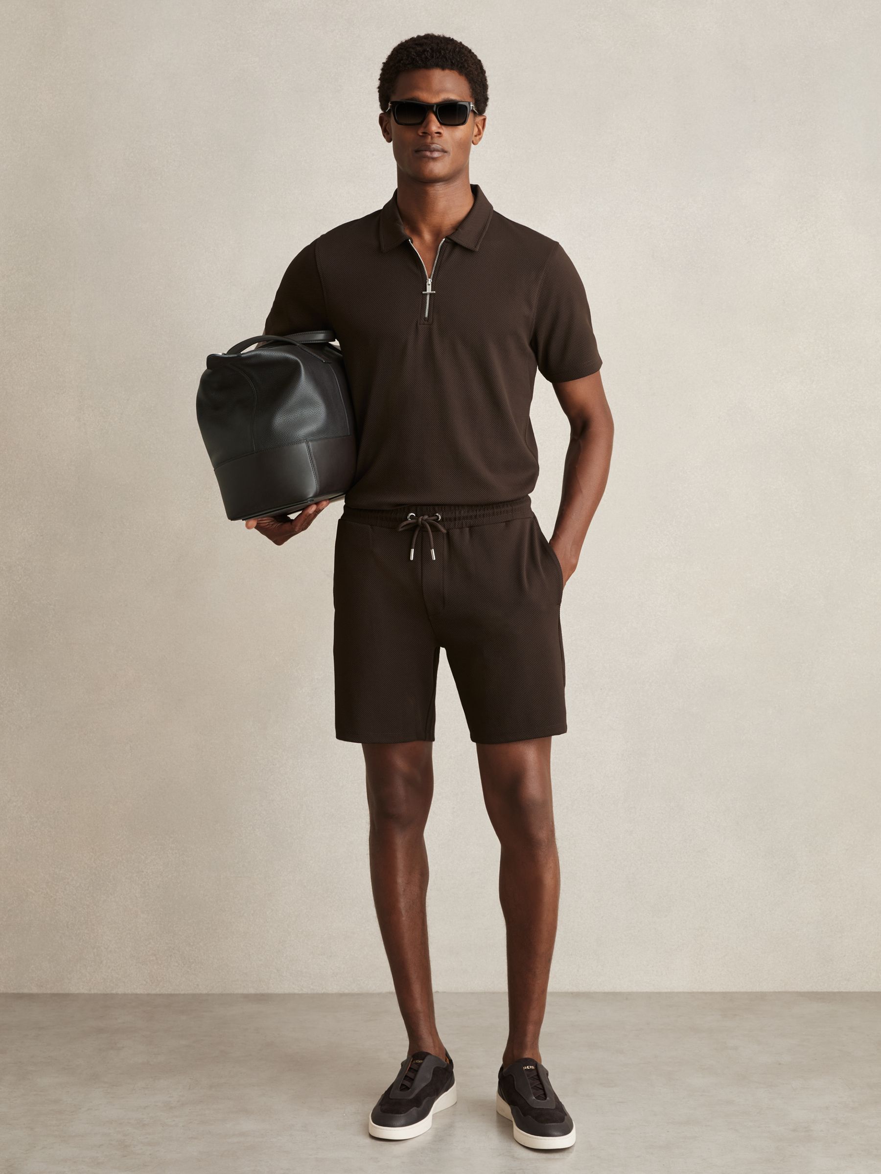 Textured Drawstring Shorts in Chocolate Brown