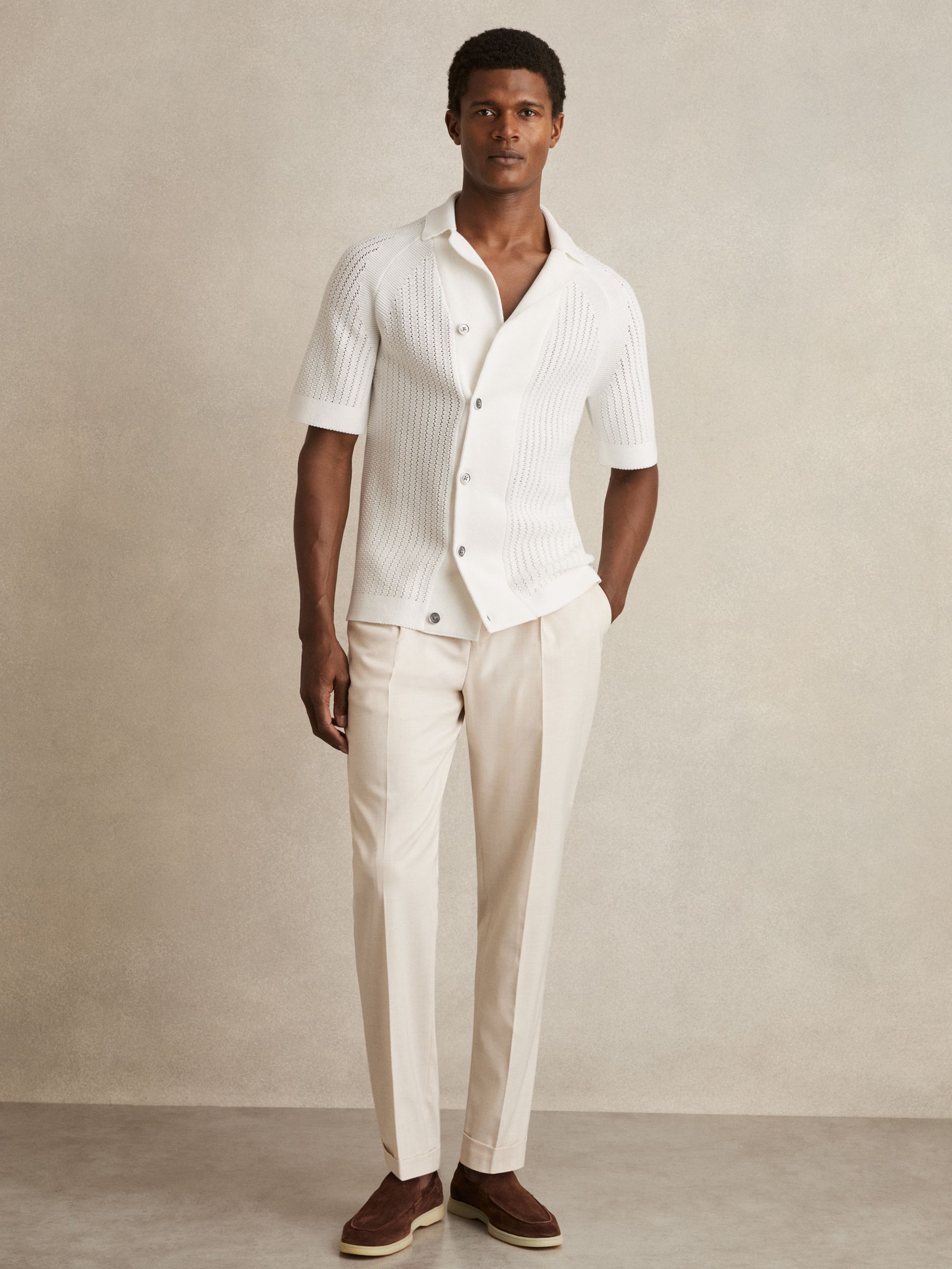 Cotton Textured-Knit Cuban-Collar Shirt in White