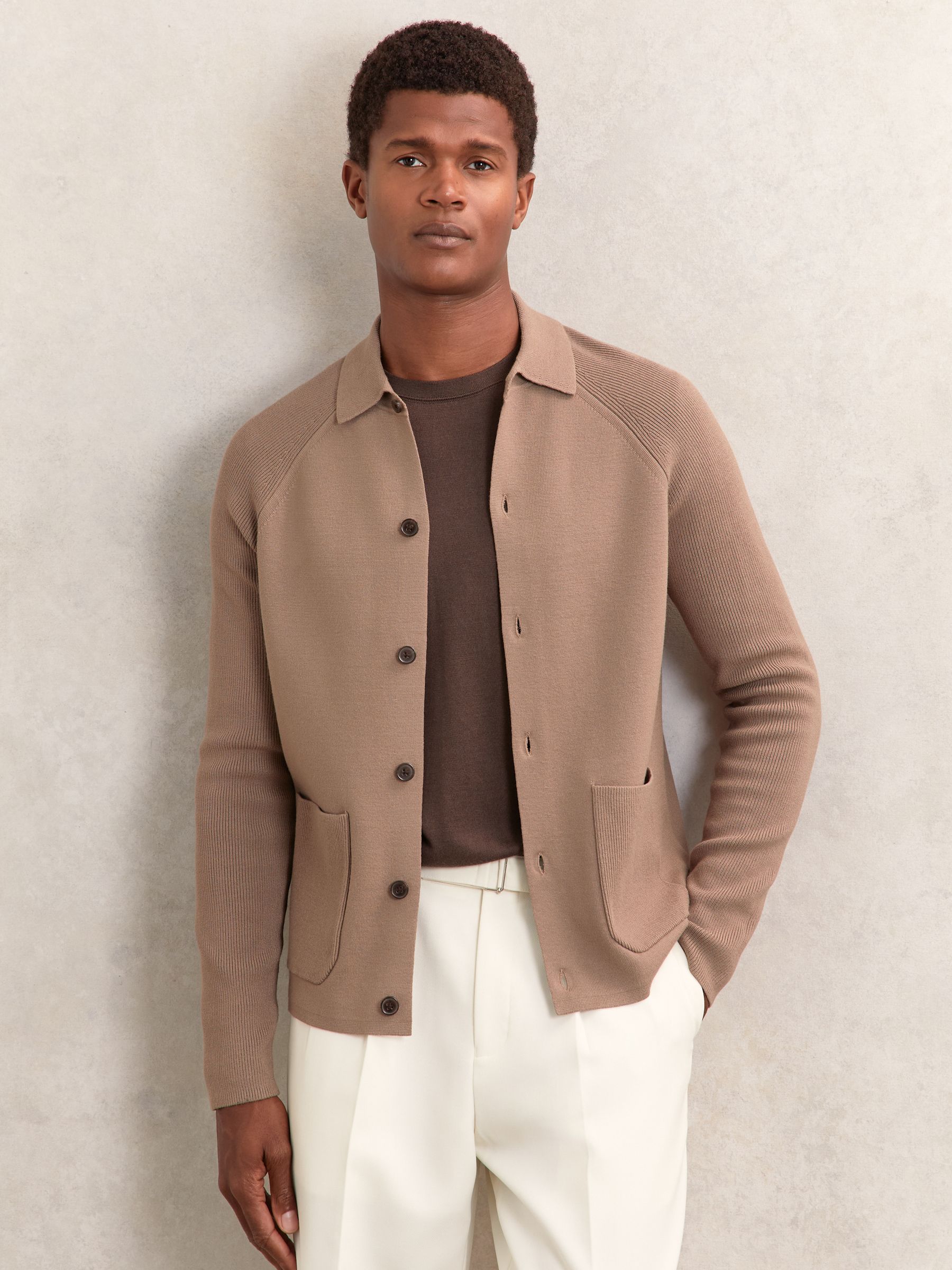 Button-Through Ribbed-Sleeve Shirt in Camel Brown