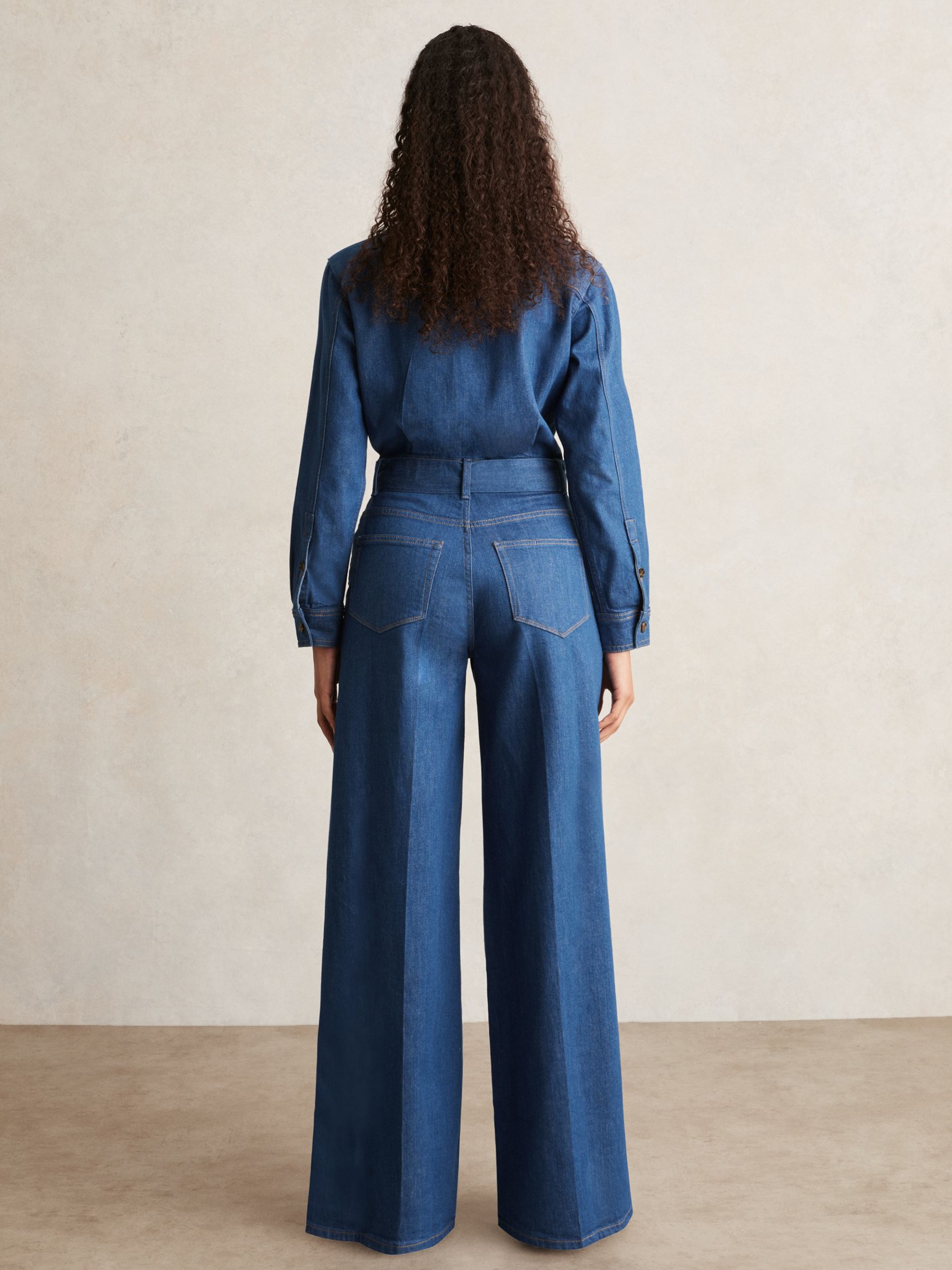 Paige Maraya Blue Wide Leg Belted Denim Jumpsuit in Maraya Blue