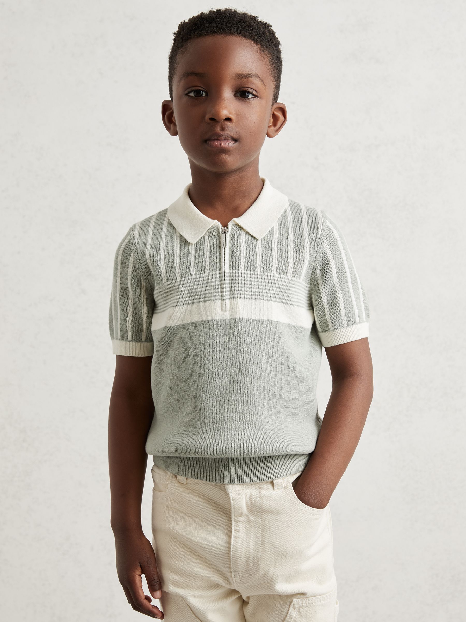 13-14 yrs Cotton Stripe Knit Half-Zip Polo Shirt in Sage Green/Off White