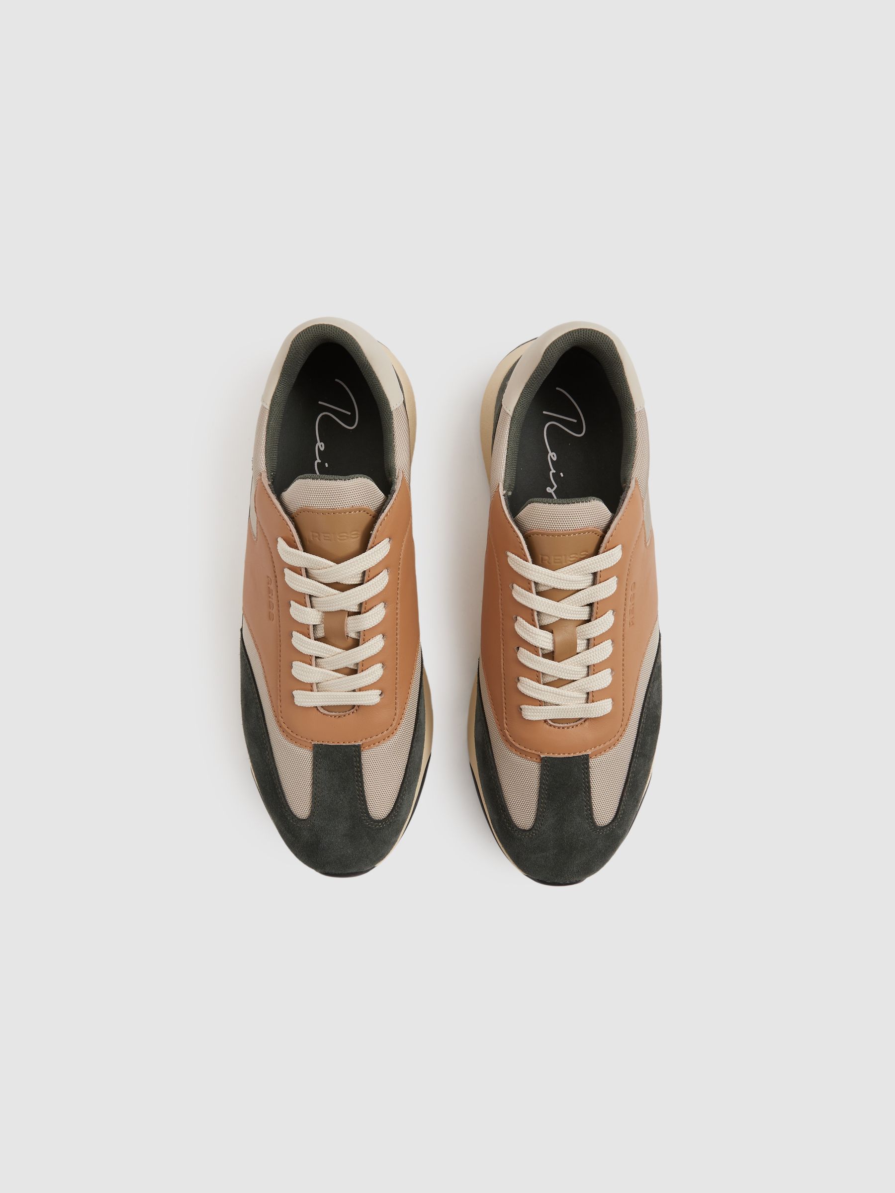 Leather Suede Running Trainers in Green/Camel