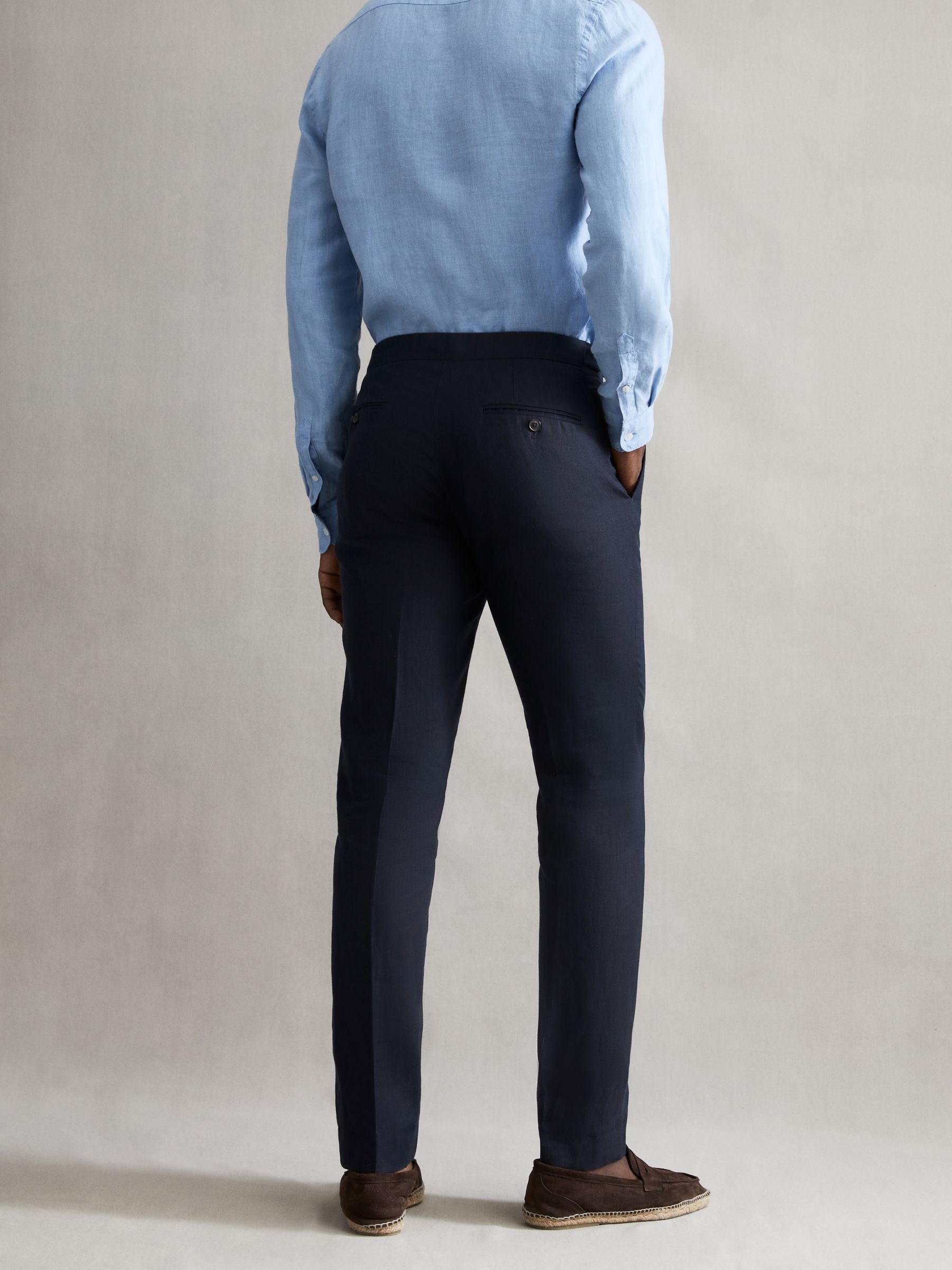 Slim Fit Linen Trousers in Navy