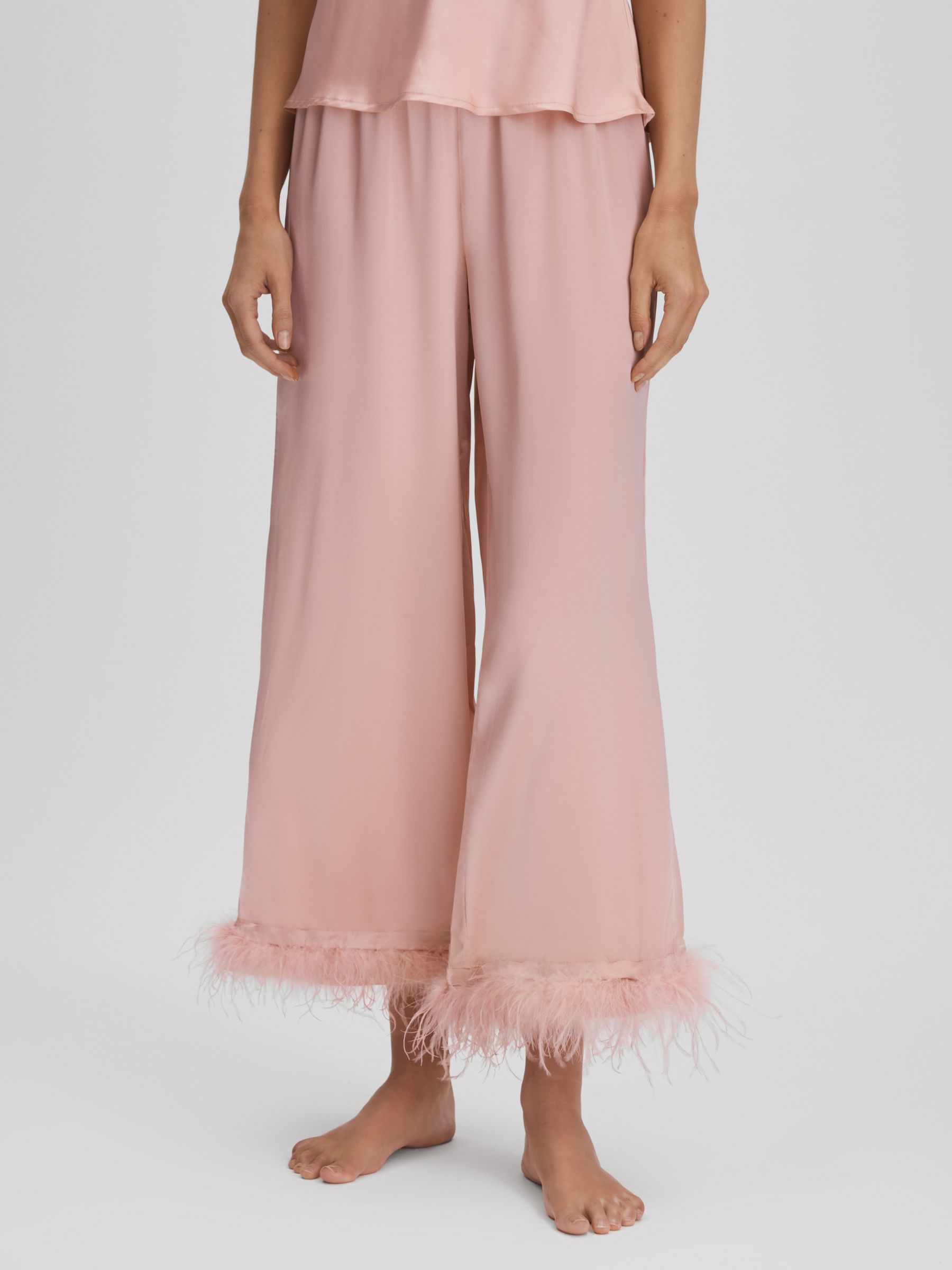 Maison Essentiele Silk Feather Trim Pyjama Bottoms in Blush