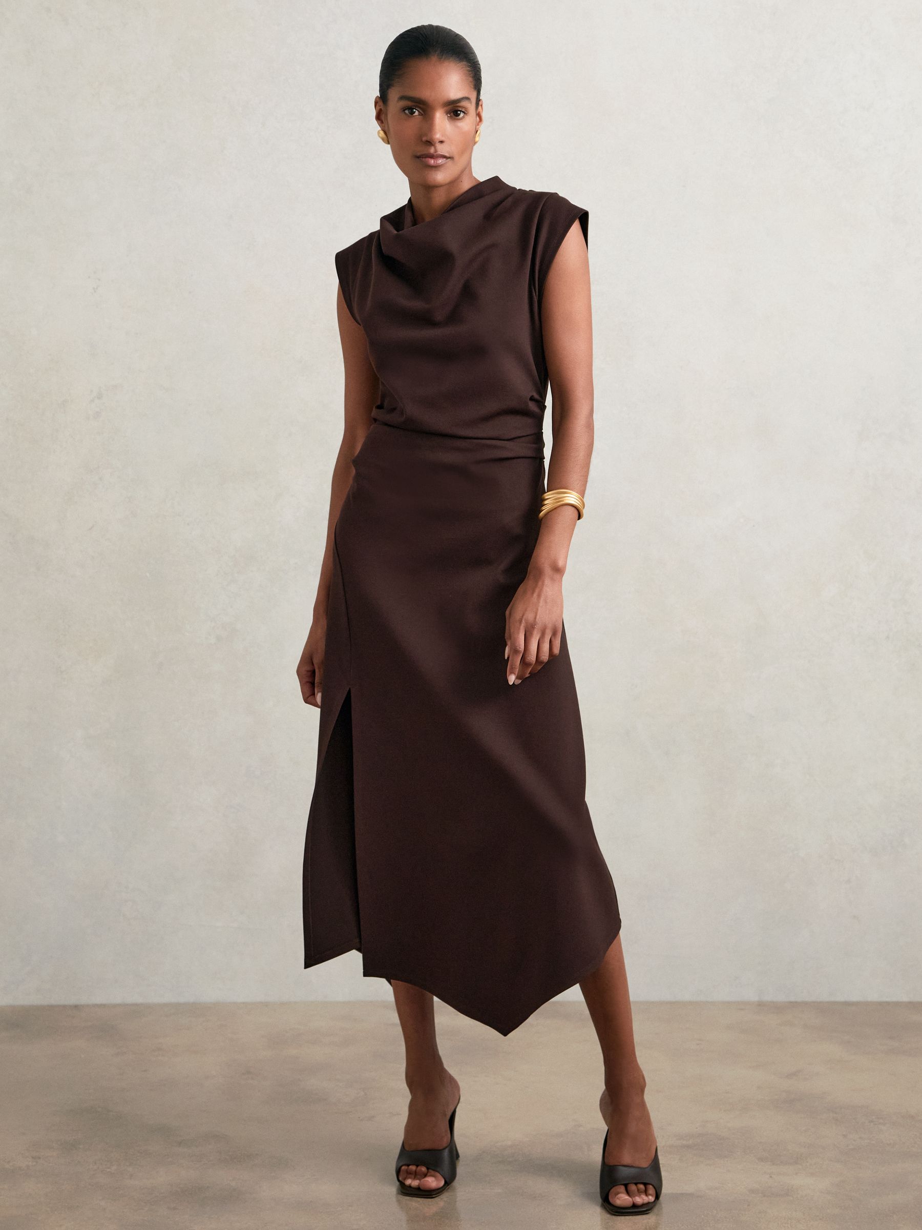 Twill-Jersey Draped Midi Dress in Burgundy