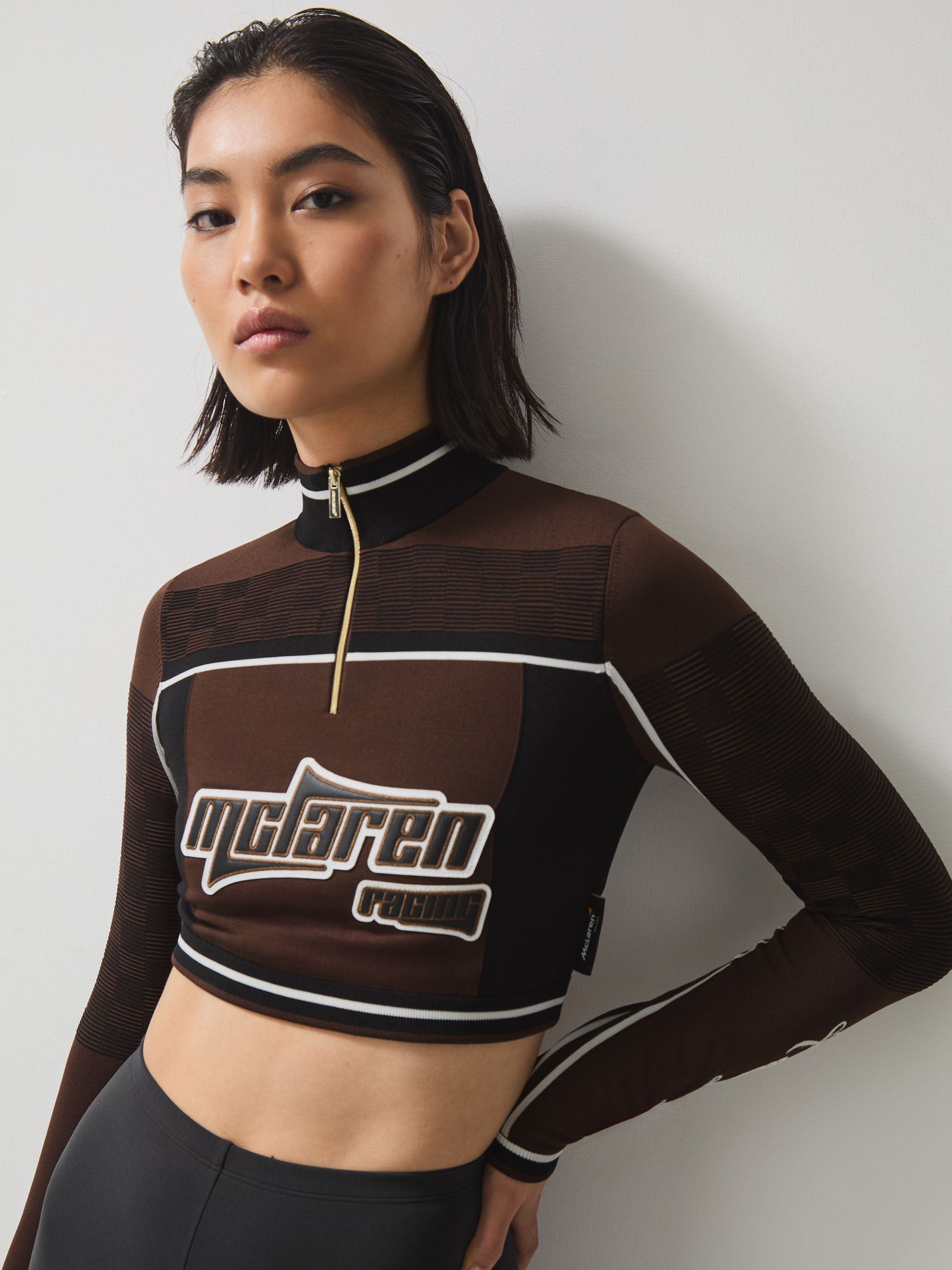 McLaren F1 Team Half-Zip Crop Top in Chocolate Brown